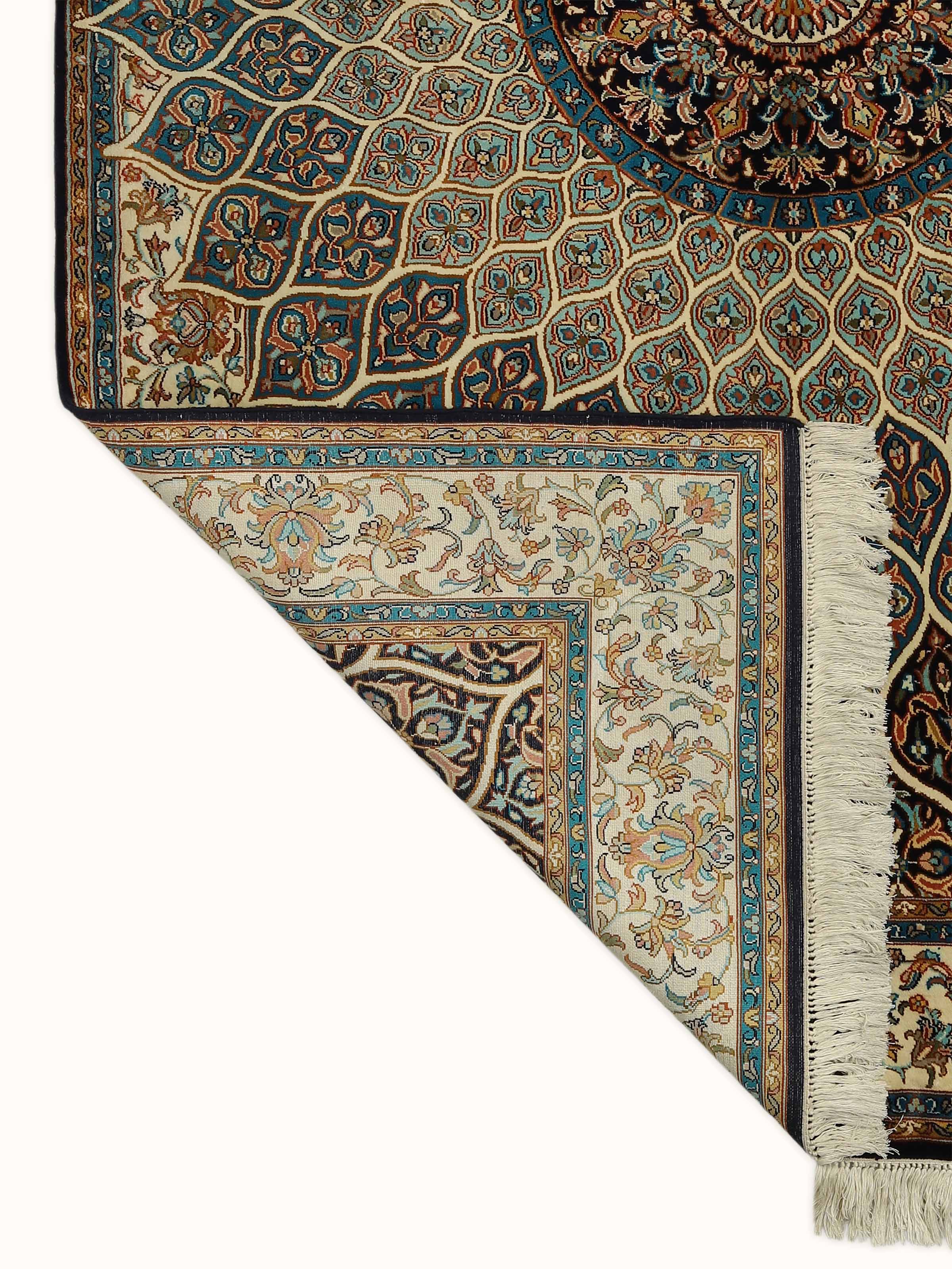 Traditional Persian Blue Gumbad Kashmir Silk Hand-Knotted Rug