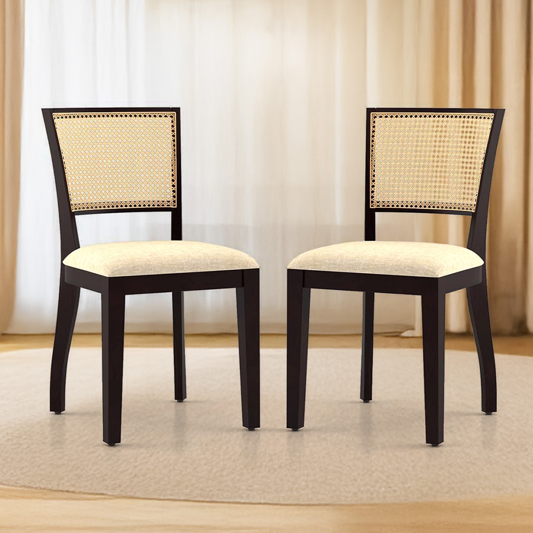 Argiro Solid Wood Dining Chair Set Of 2 In Mahogany Finish With Macadamia Brown Fabric Colour