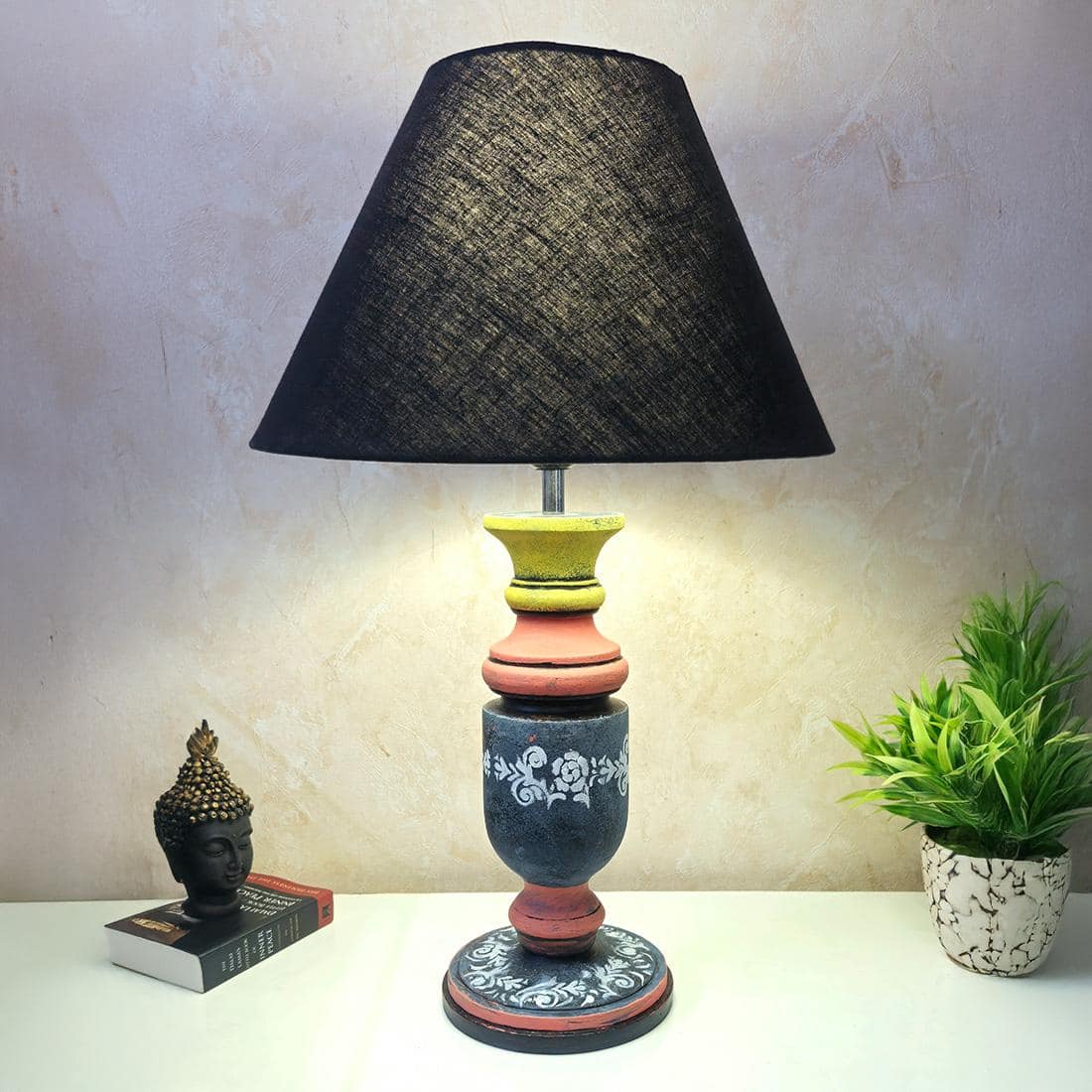 Pillar Black Pink Stone Wooden Table Lamp in Multicolor