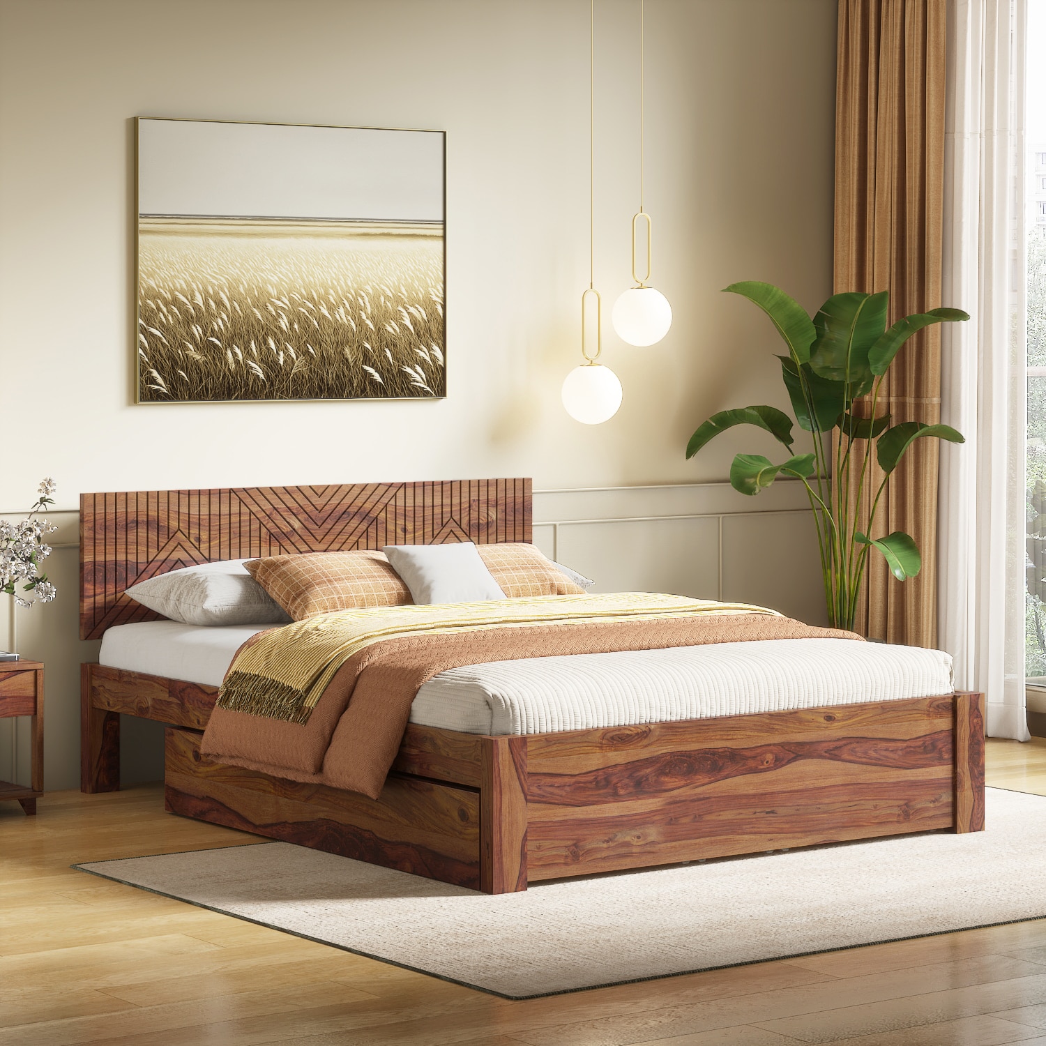 Kuba Solid Wood Queen Size Drawer Storage Bed In Teak Finish