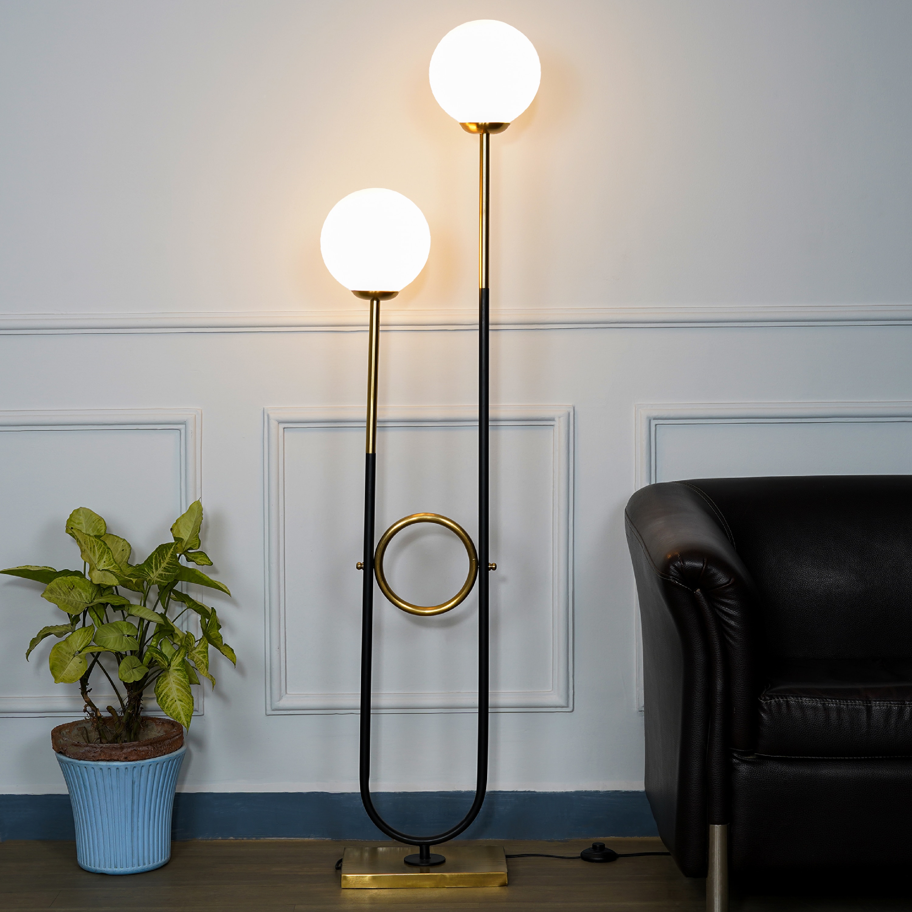 Allegra 2 Light Floor Lamp In Antique Brass And Black Finish With Opal Glass Diffuser