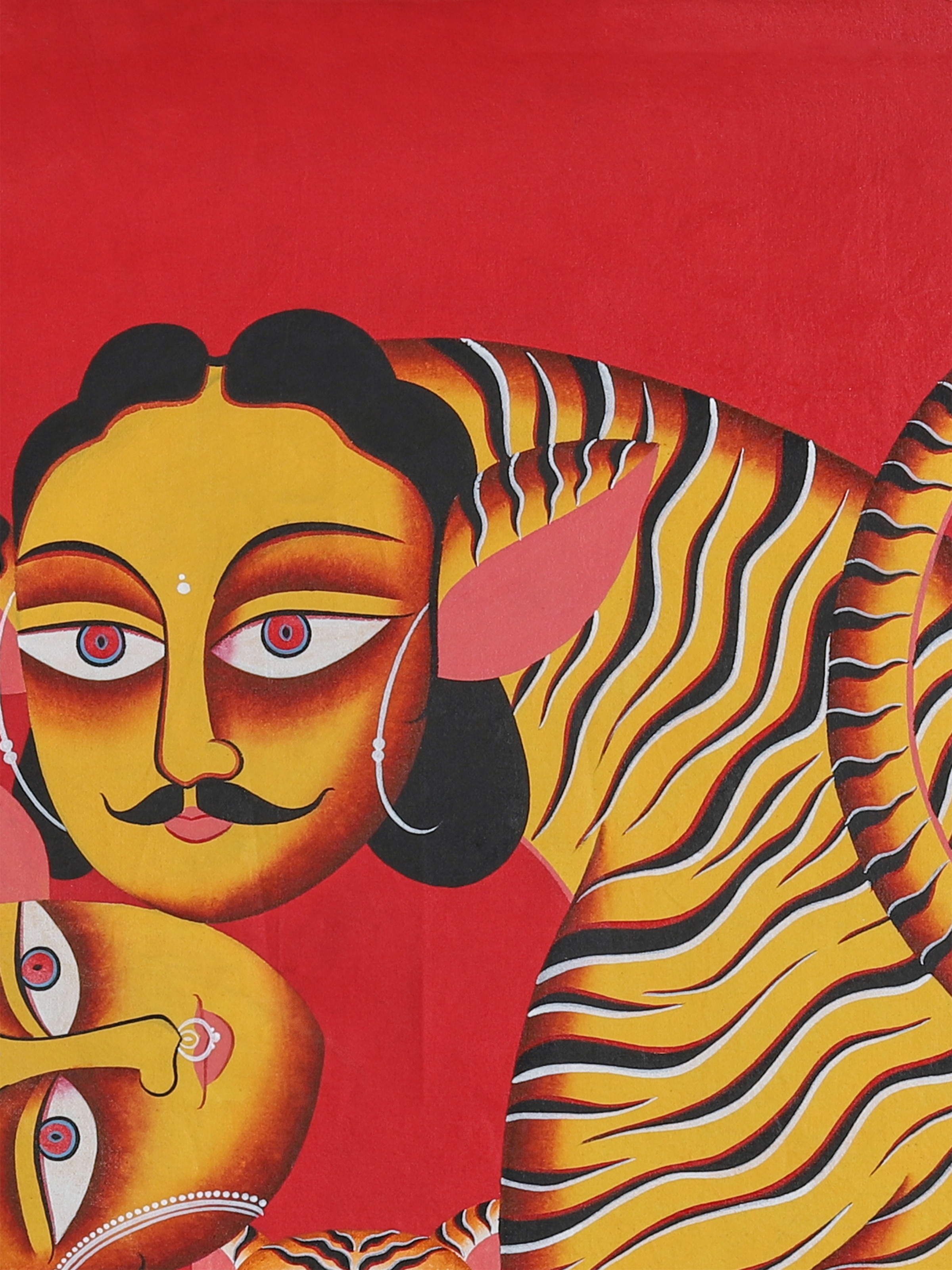 Detail close-up of tiger couple Kalighat painting showing brushwork