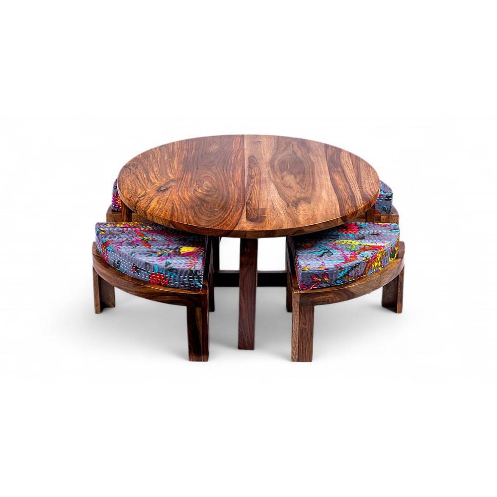 Nashville Sheesham Wood 4 Seater Coffee Table Set In Teak Finish Bird Print Grey Kantha Cushion