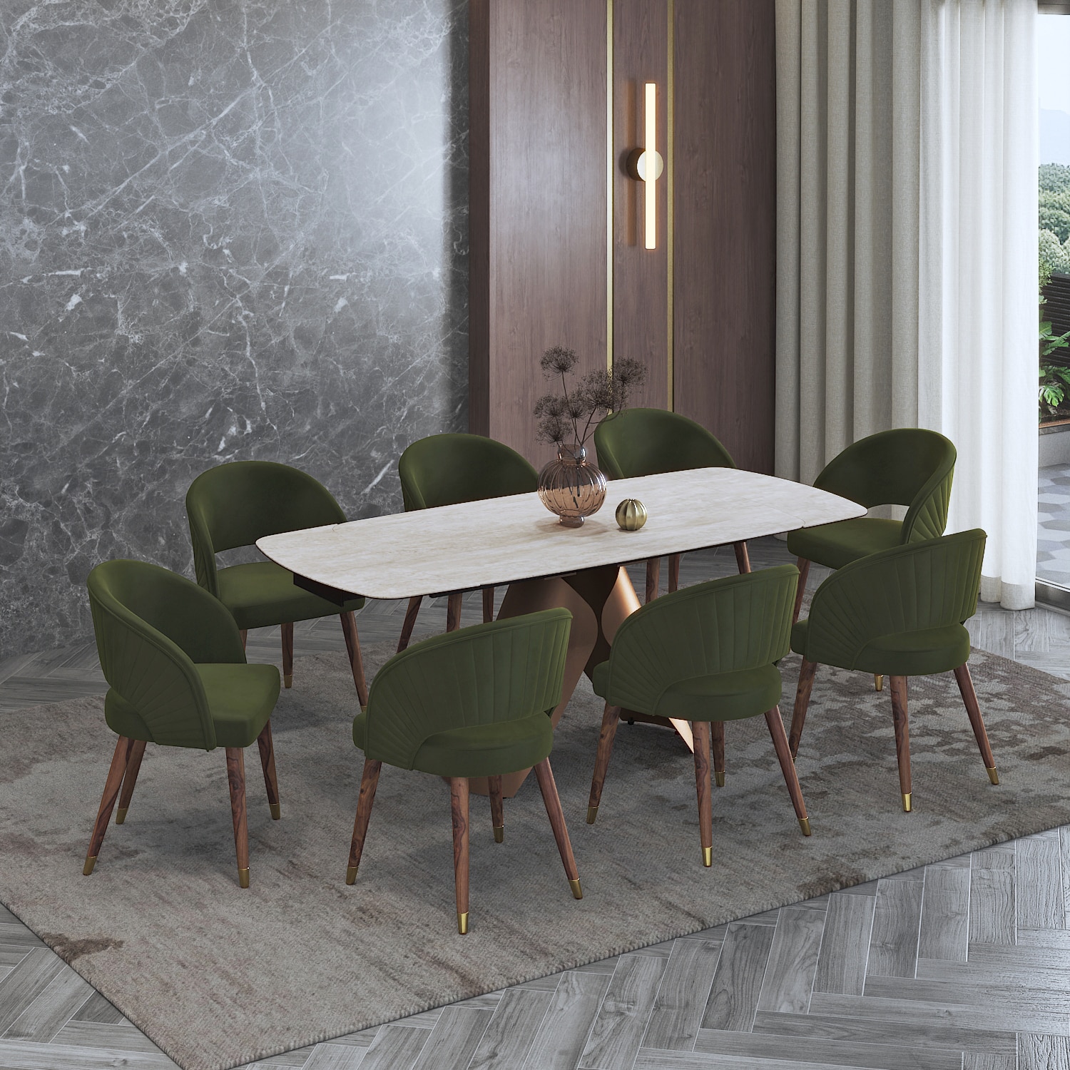 Aeris Ceramic 6 to 8 Seater Extendable Dining Table With Celia Dining Chair