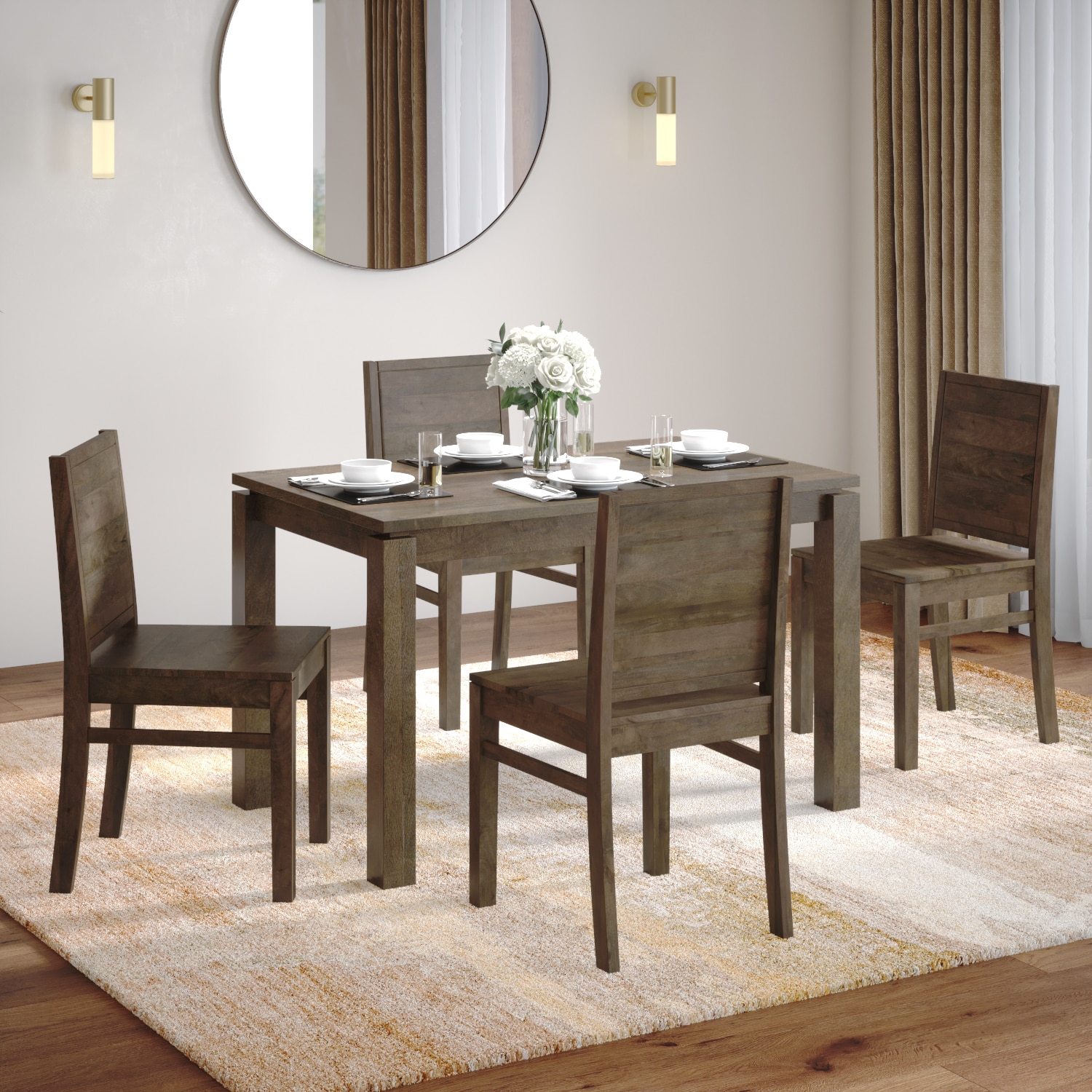 Atlas Solid Wood 4 Seater Storage Dining Table With 4 Atlas Wooden Seat Dining Chairs (Finish: Danish Walnut) - Urban Ladder