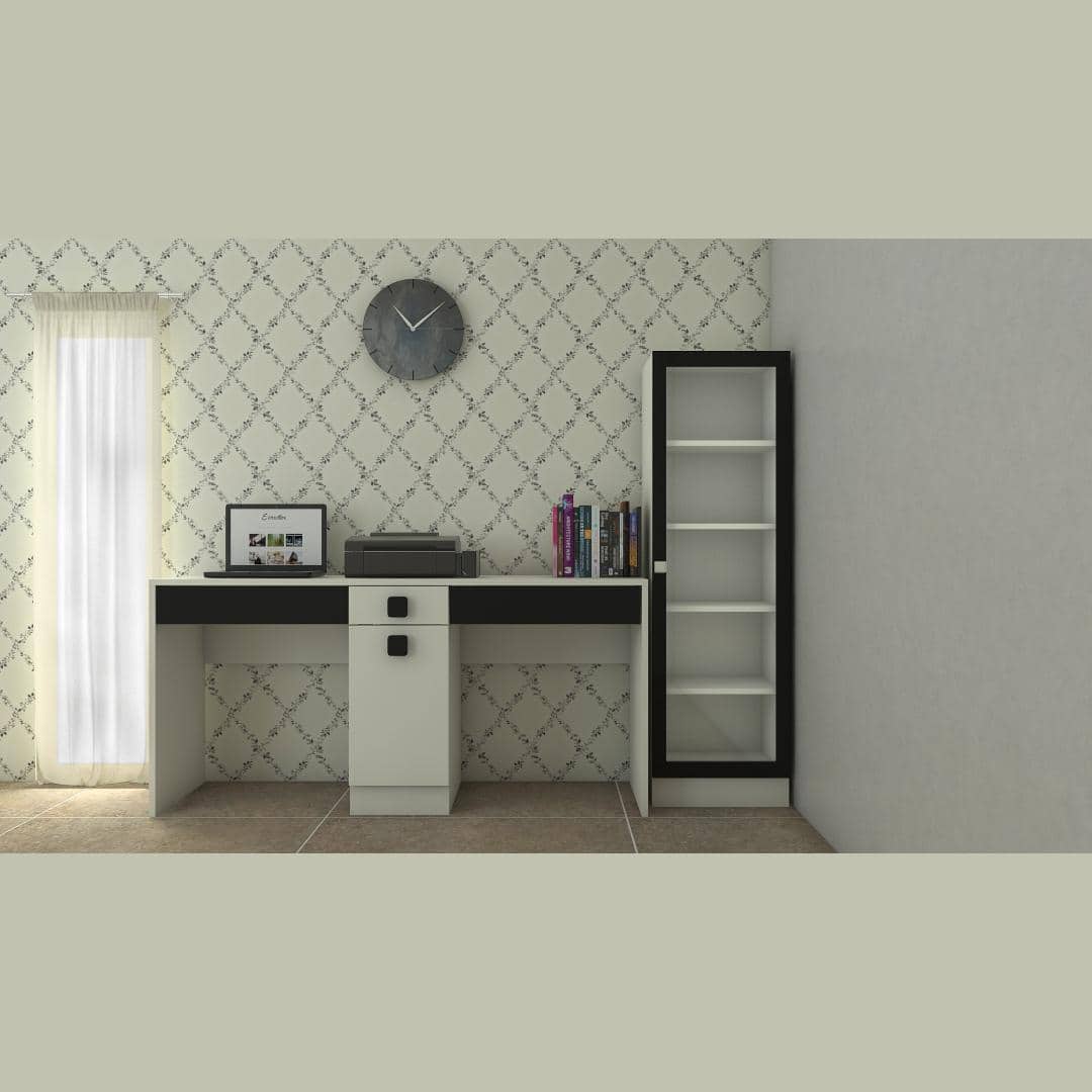 Twin Kristina Study Set with Twin Desk and Toughened Glass Bookshelf in Ivory Carbon Black Colour