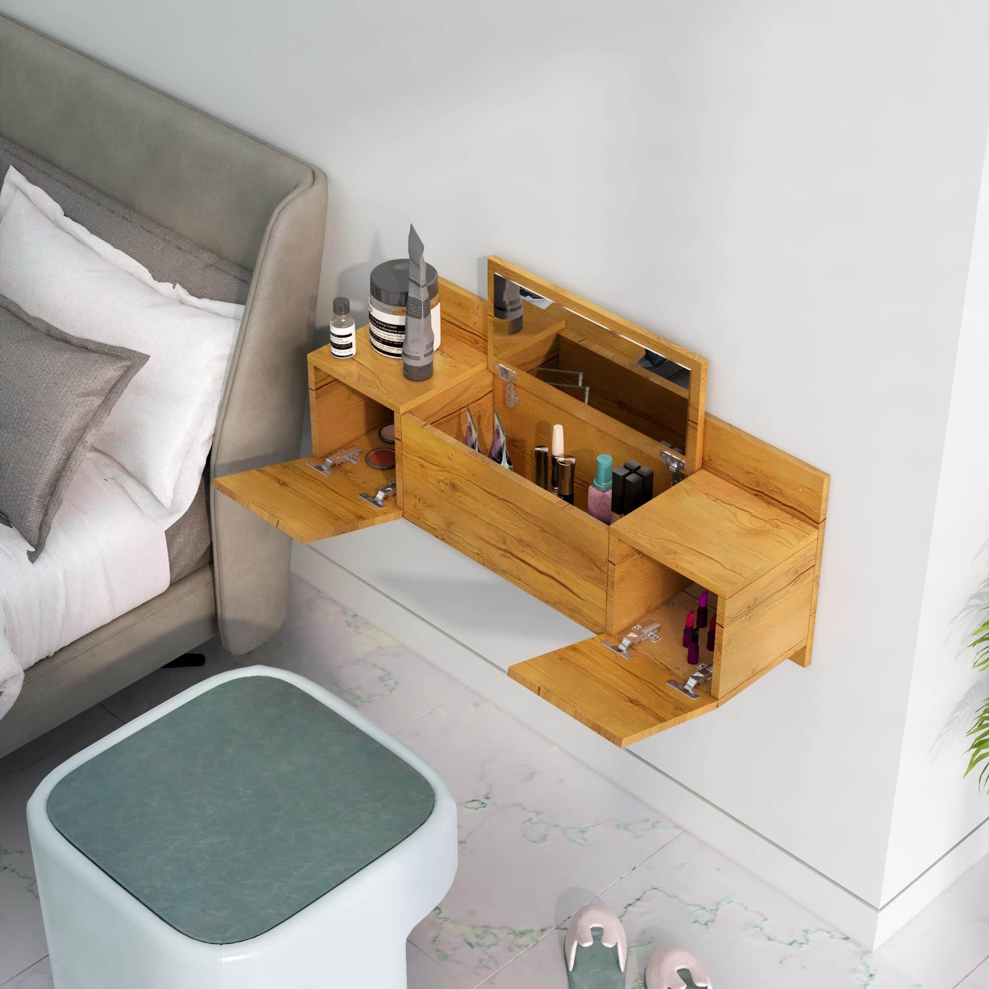 Hexa Red Engineered Wood Wall Mount Dressing Table in Giant Wood and Frosty White Colour - HexaRed
