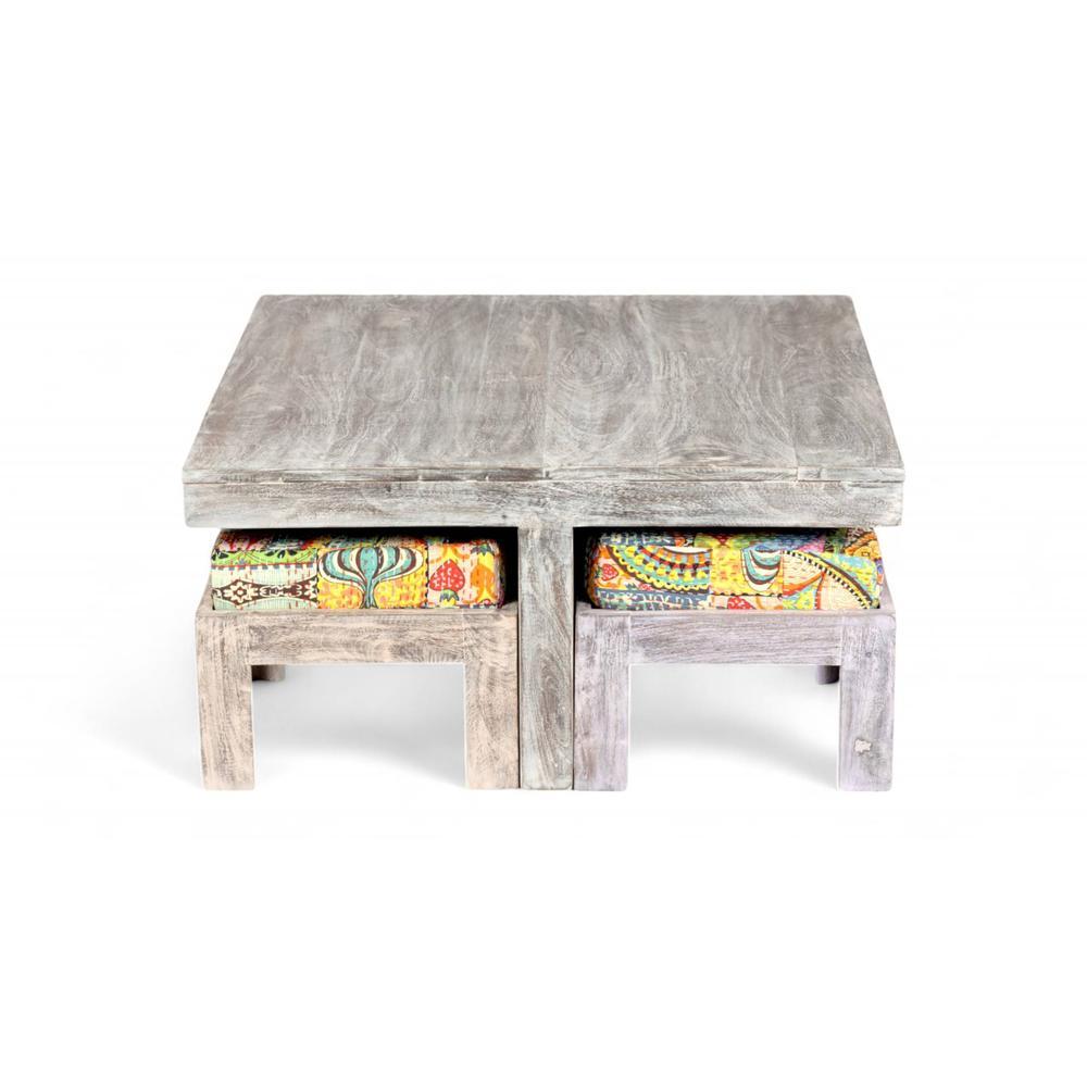 Blane Sheesham Wood Country Side Coffee Table Set With 4 Stools In Antique Multi-Colour Finish
