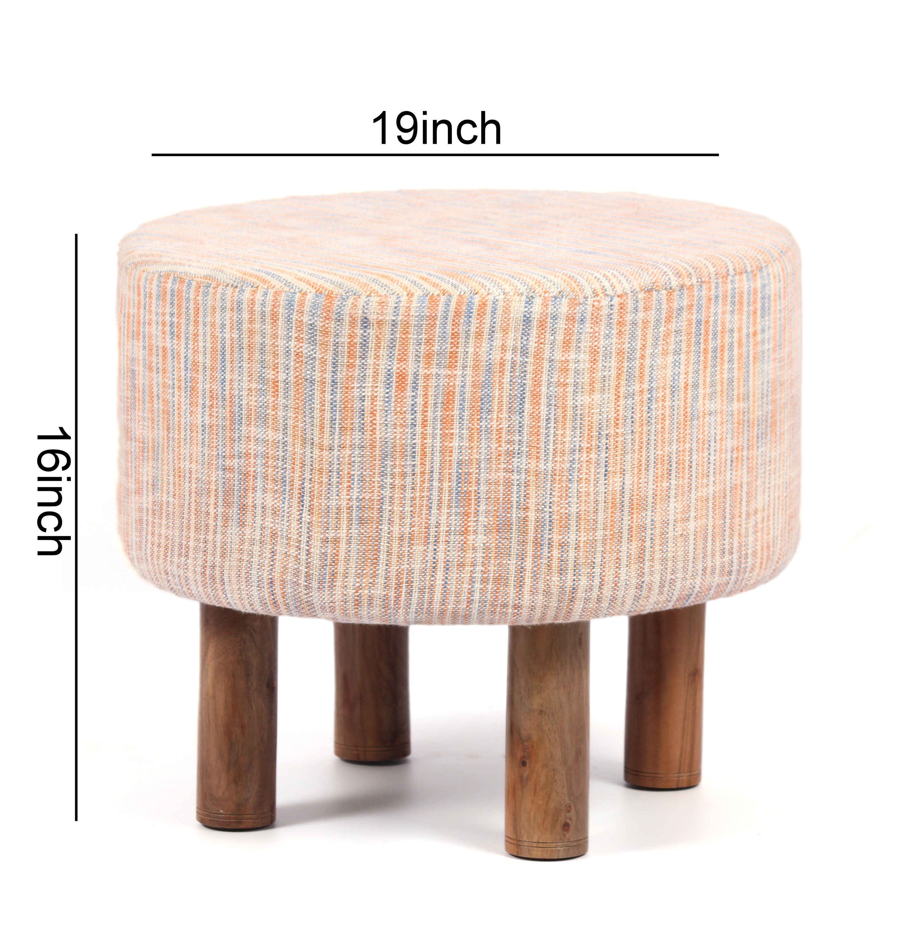 Collio Solid Wood Ottoman Pouffee in Stripe Orange Jackard fabric