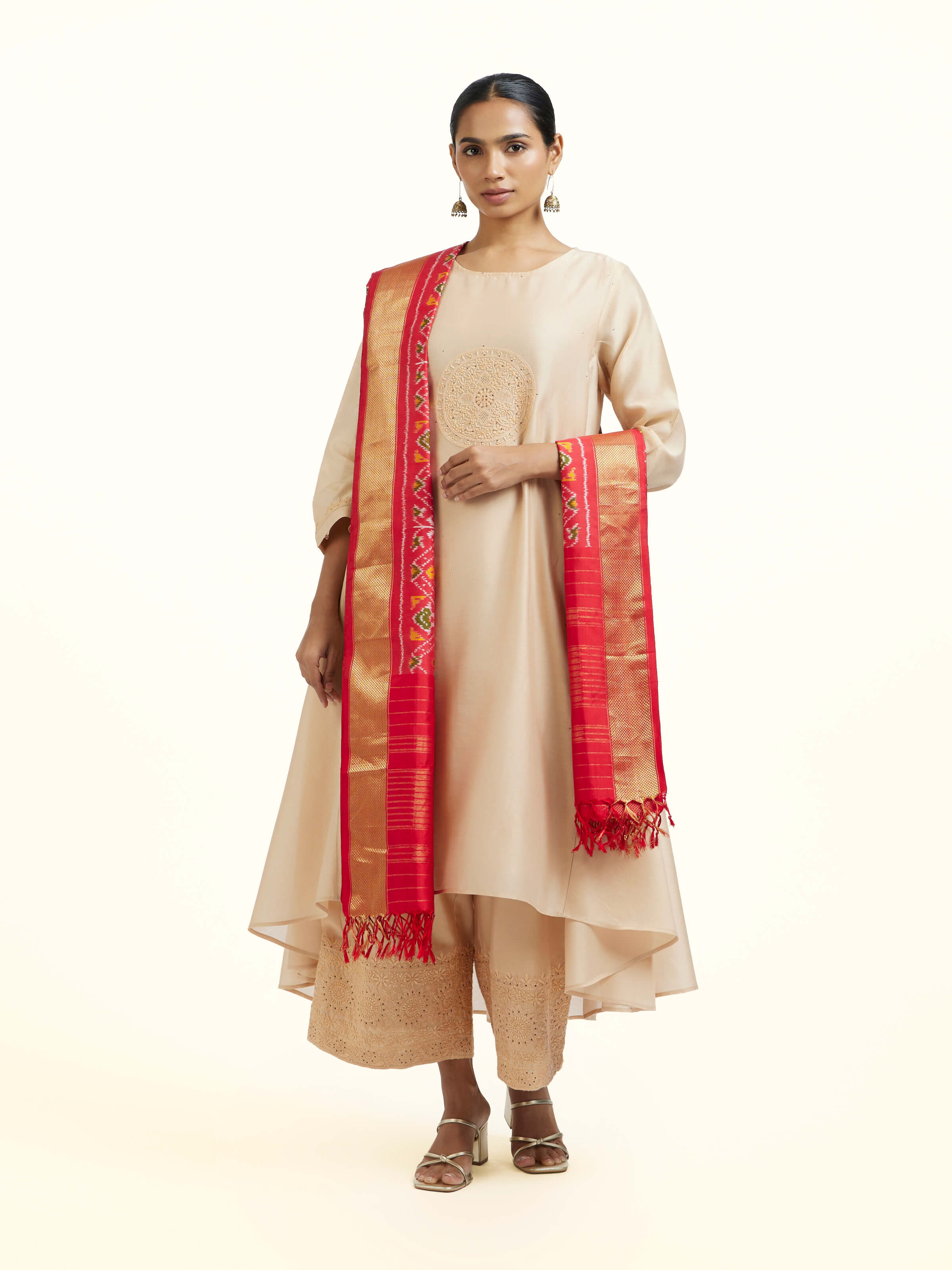 Red Silk Pochampally Weft Ikat Dupatta