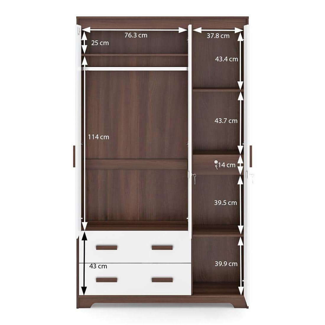 Miller 3 Door 2 Drawers Wardrobe With Mirror and Lock in Two Tone Finish