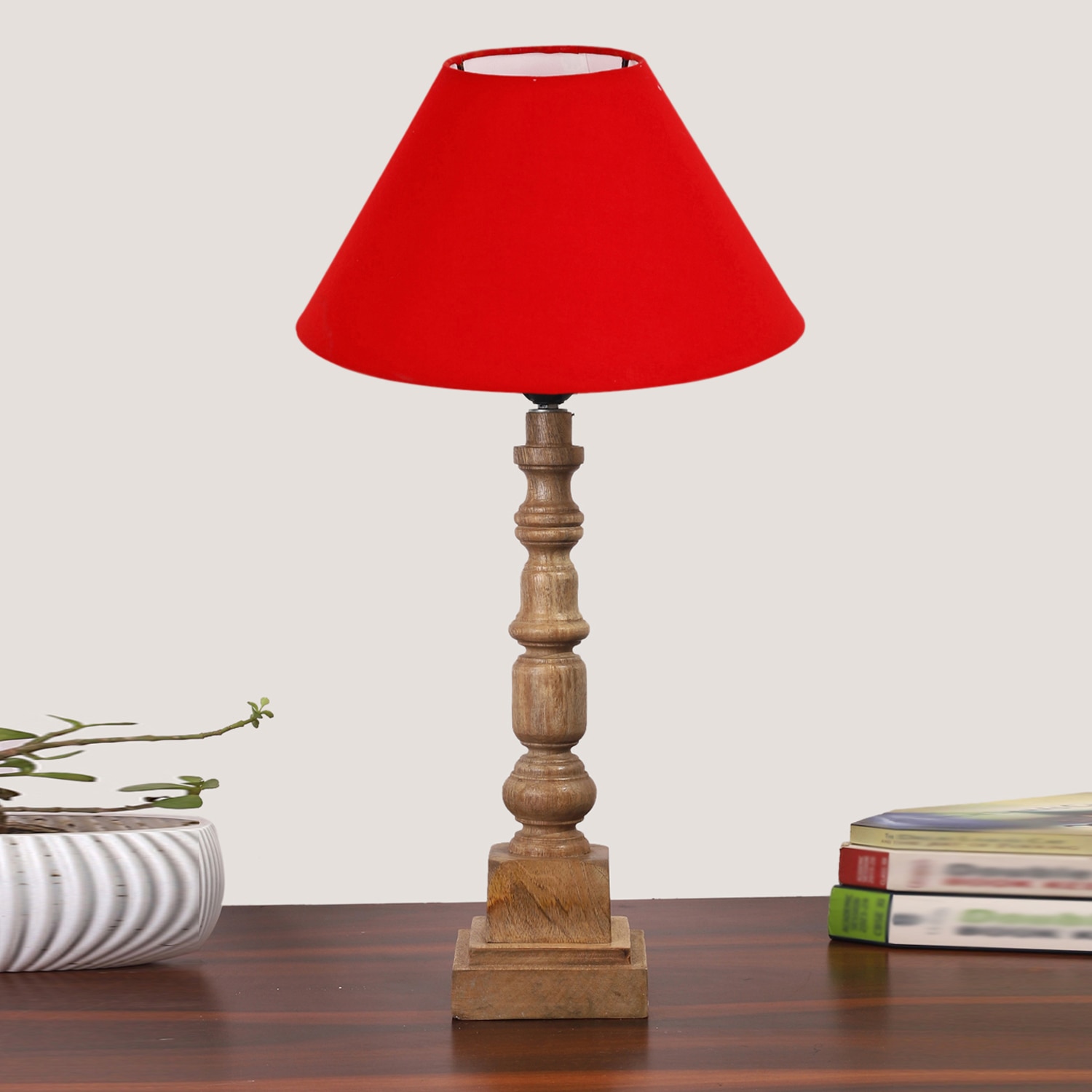 Devansh Red Cotton Table Lamp With Wood Natural Base (10X10X21 Inches)-29