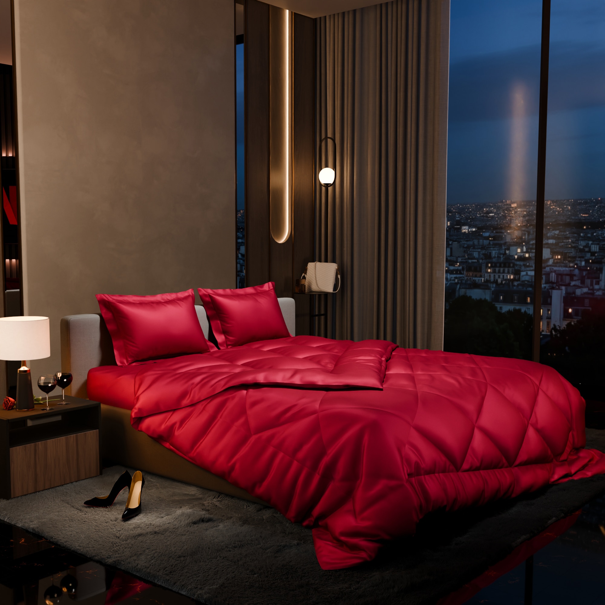 Stoa Paris Comforter Set Double Bed, 300TC Satin Double Bed Comforters in Flirty Red - Stoa Paris