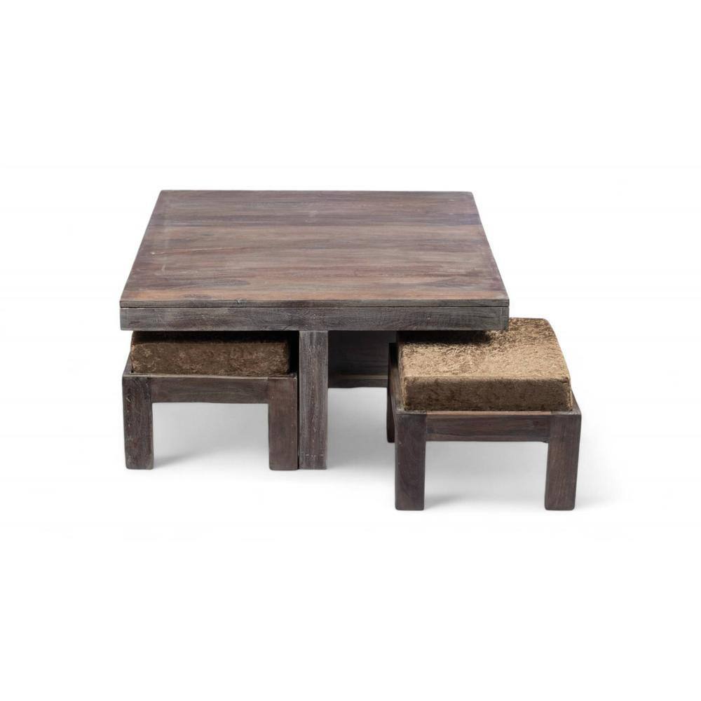 Blane Sheesham Wood 4 Seater Coffee Table Set In Antique Grey Finish Green Sparkle Velvet Cushion