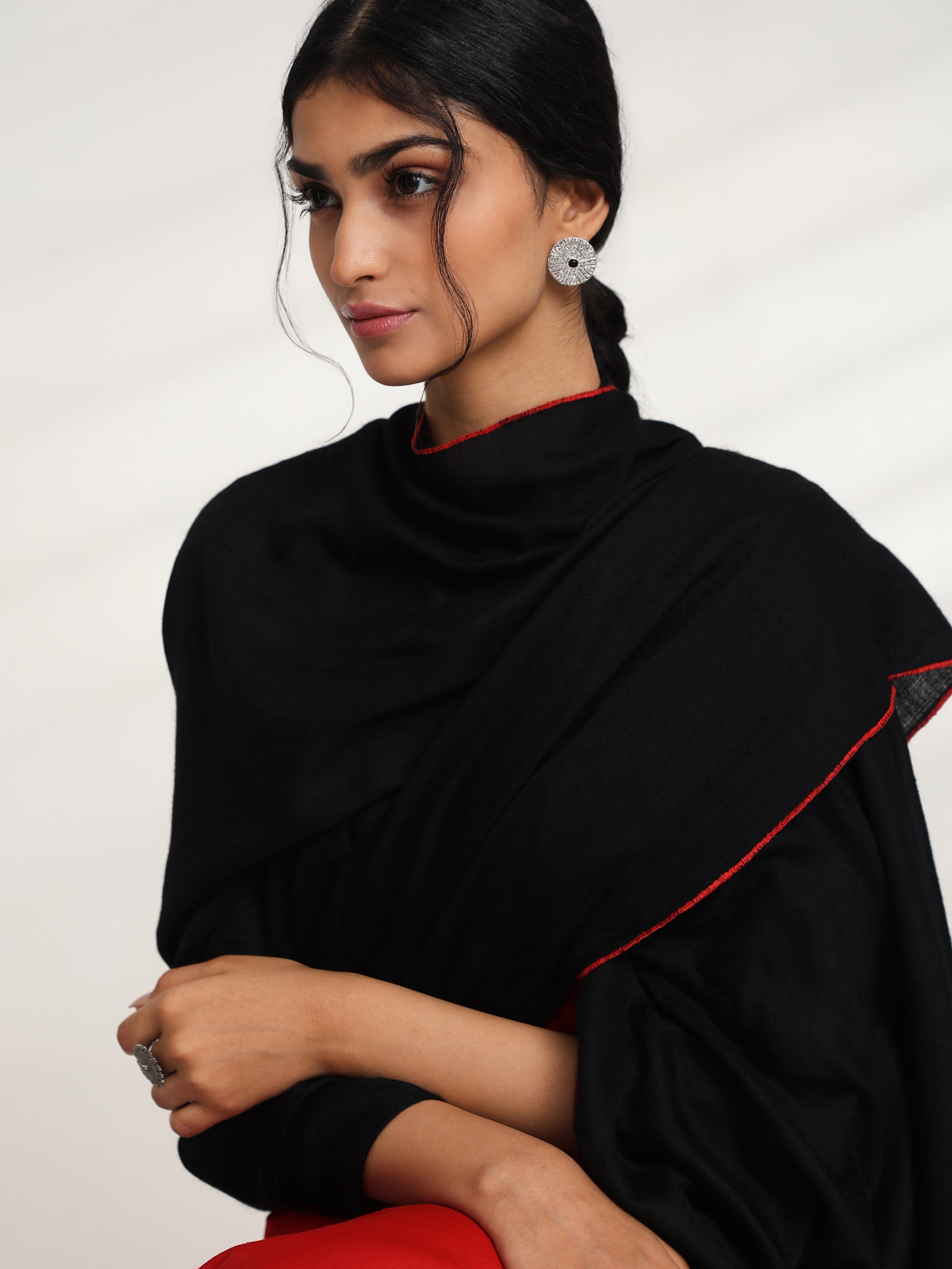Black Cashmere Kaaj Embroidered Handwoven Stole