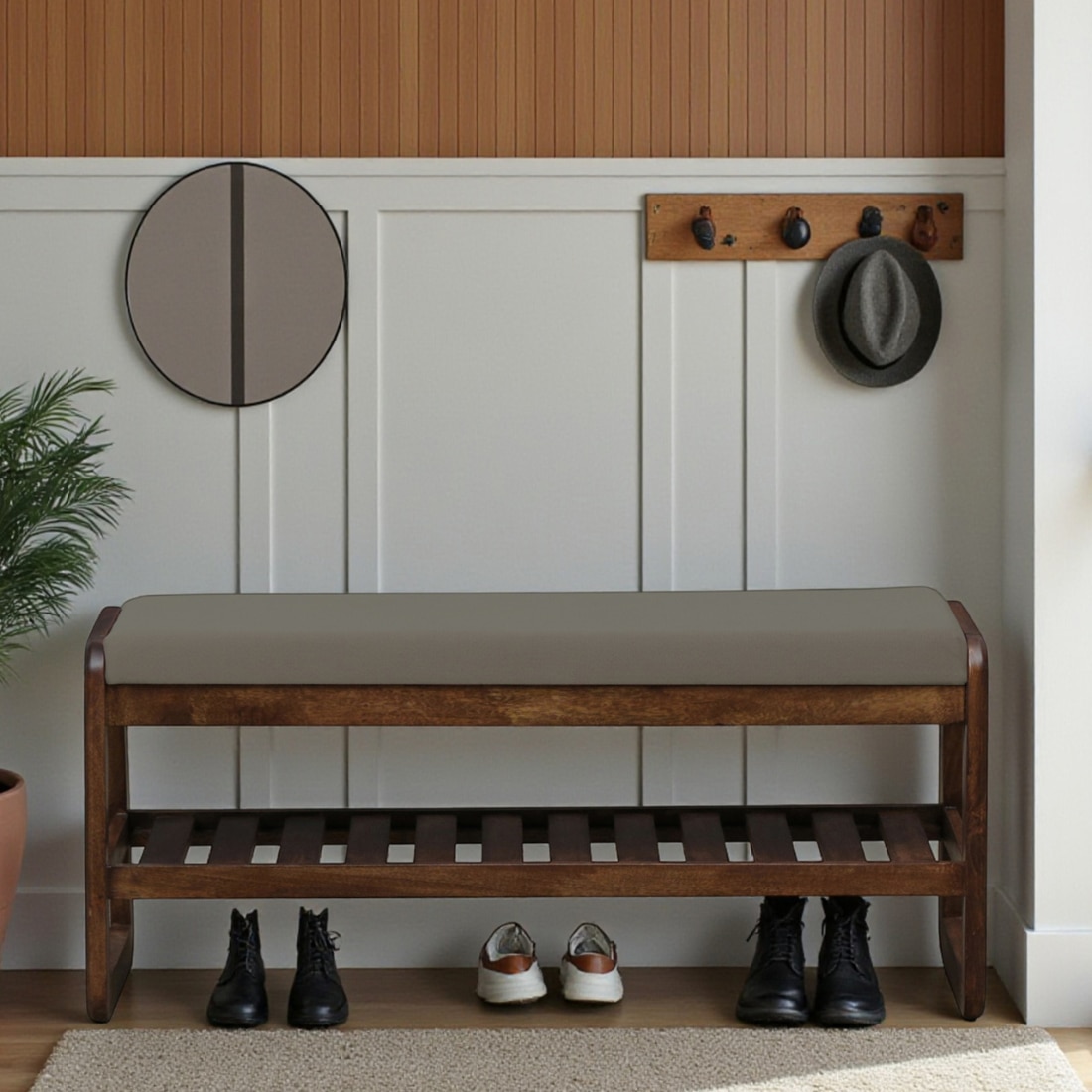 Seljord Solid Wood Shoe Rack with Seating in Walnut Brown finish - Bene Decor