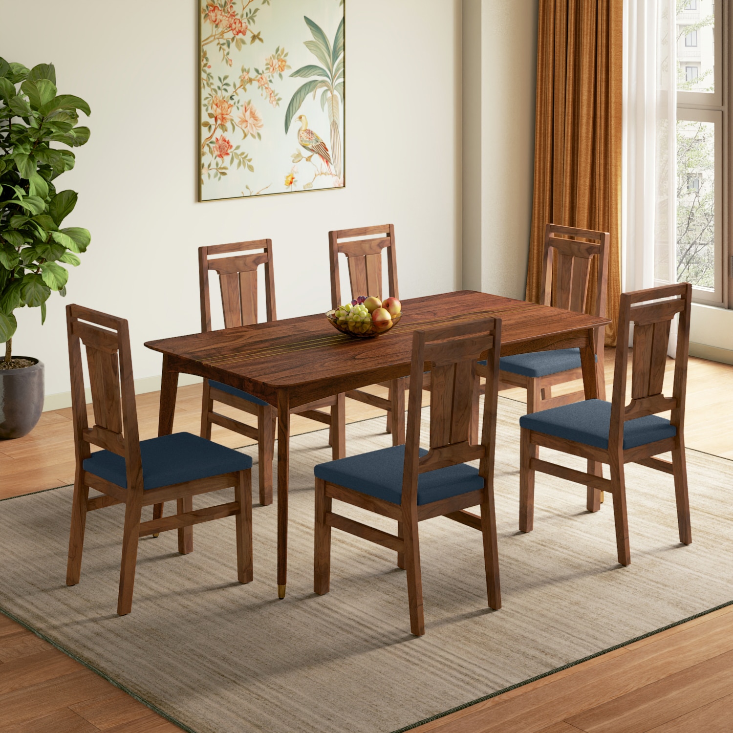 Saar Teak Wood Dining Table 6 Seater with 6 Tessa Dining Chairs (Finish: Espresso Teak, Colour: Lapis Blue) - Urban Ladder