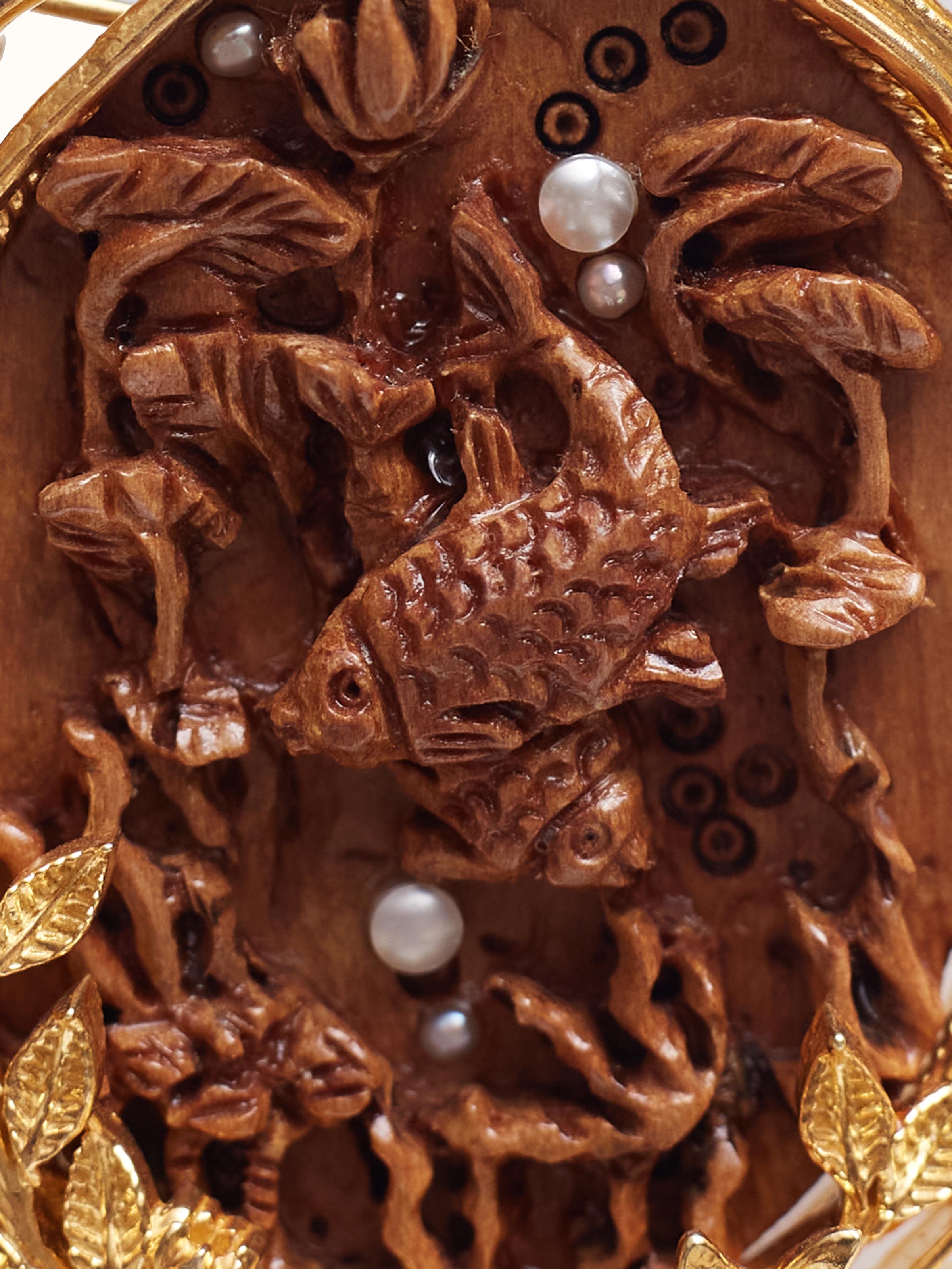 Detail shot of Carved Wood & Silver Pendant & Chain