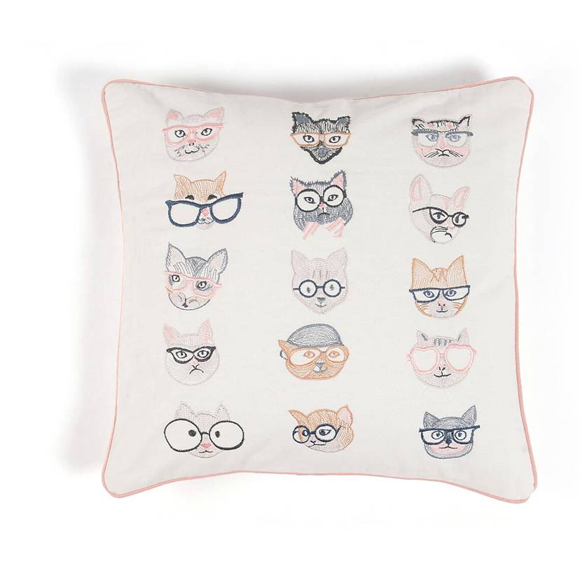Cats Embroidered Cotton Cushion Cover