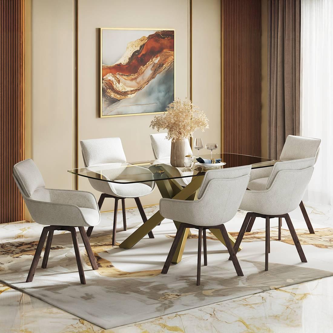 Zaida 6 Seater Dining Table With Set Of 6 Bren Swivel Dining Chairs (Colour- Ivory, Finish- Glass)