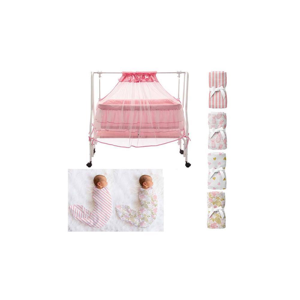 Maia Stainless Steel Baby Cradle with Mosquito Net Florals & Stripes