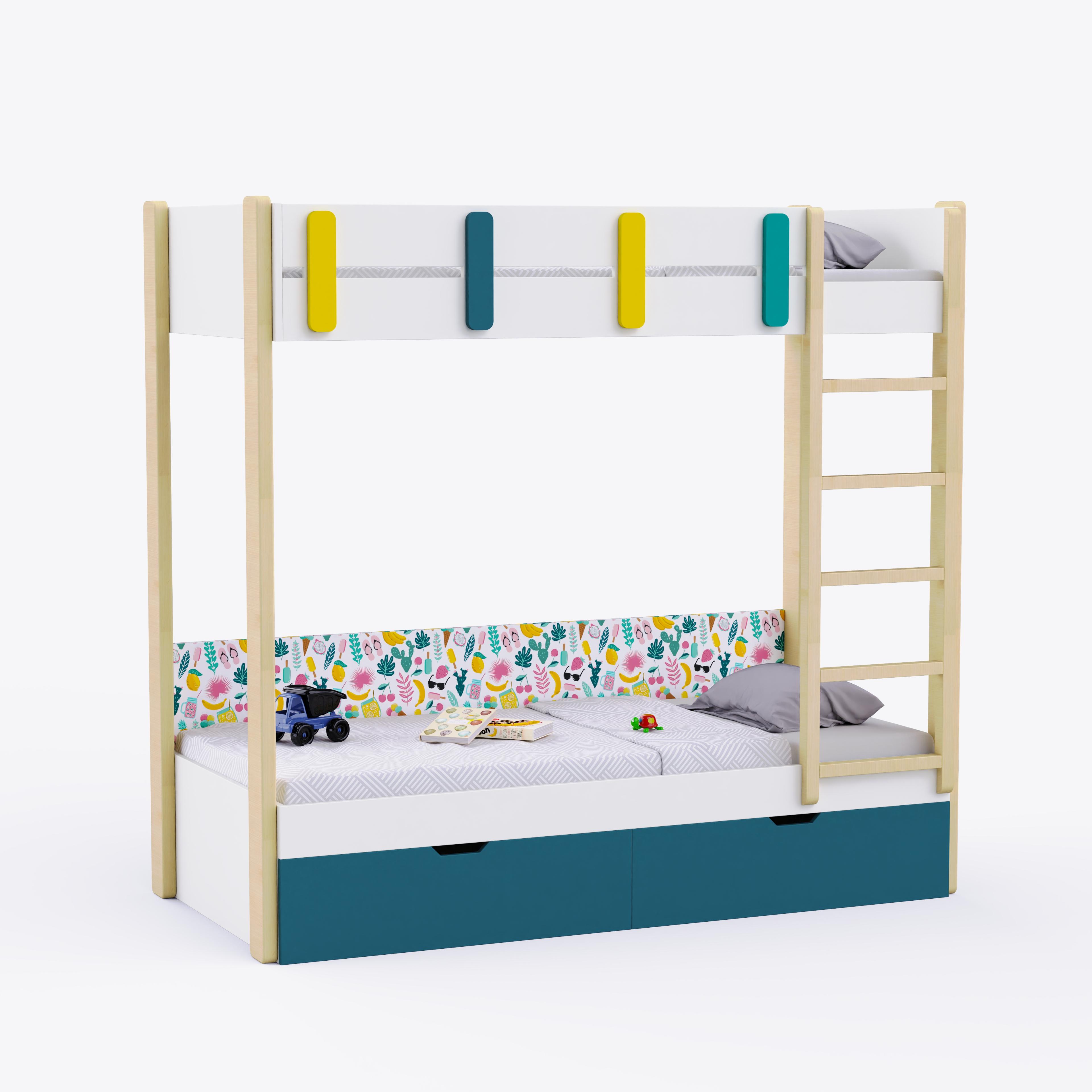 Pine Tree Single Size Bunk Bed In White & Teal Colour