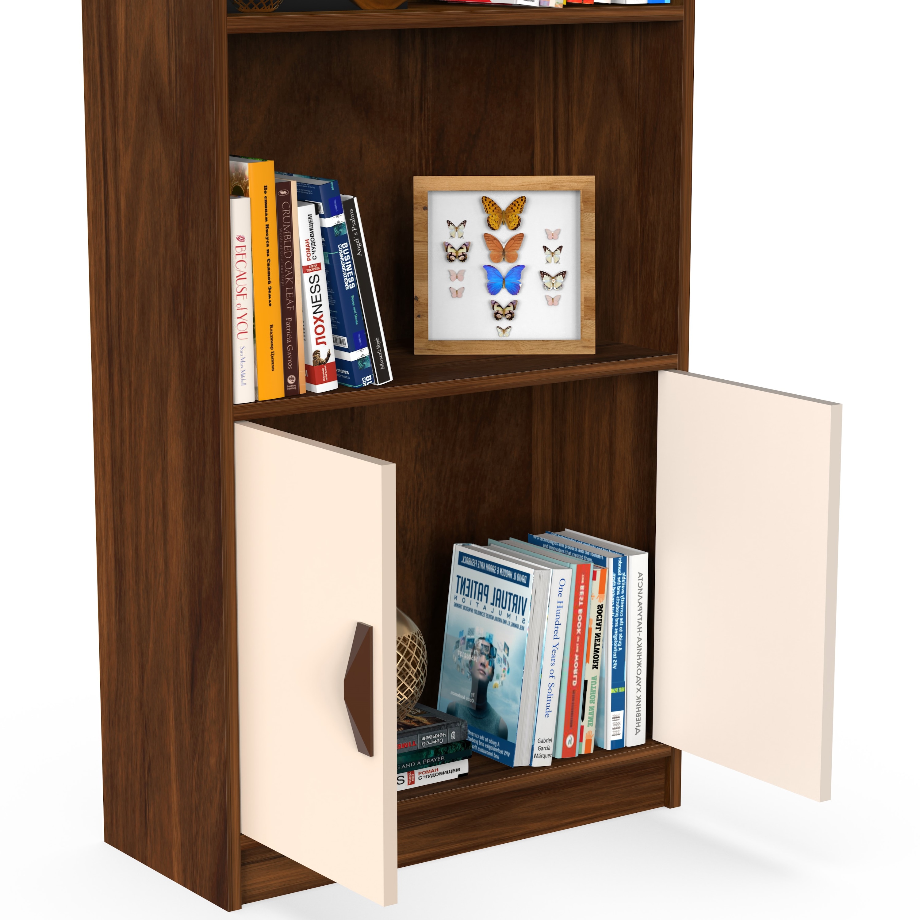 BLUEWUD Seonn Bookshelf Crockery Storage Cabinet, Book Rack Organizer with Shelves for D�cor Display & 2 Doors, Storage Unit for Office Library Home & Kitchen (Brown Maple & Beige, Without Drawer)