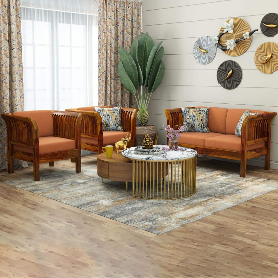 Haveli 2+1+1 Seater Wooden Sofa (Orange Colour, Honey Finish)