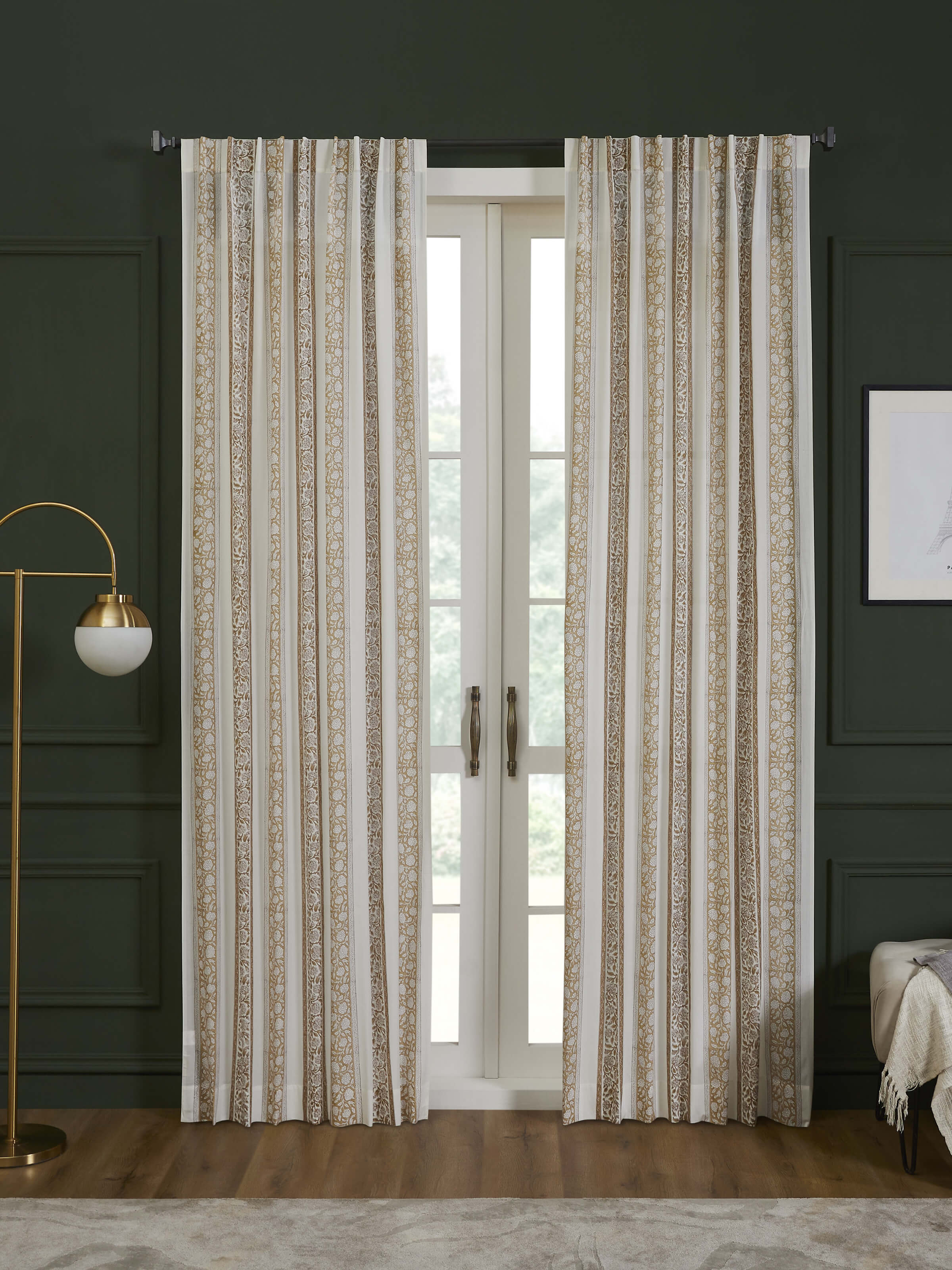 Saha Brown Floral Stripe Cotton Sanganeri Hand Block Printed Curtain (9 Ft)