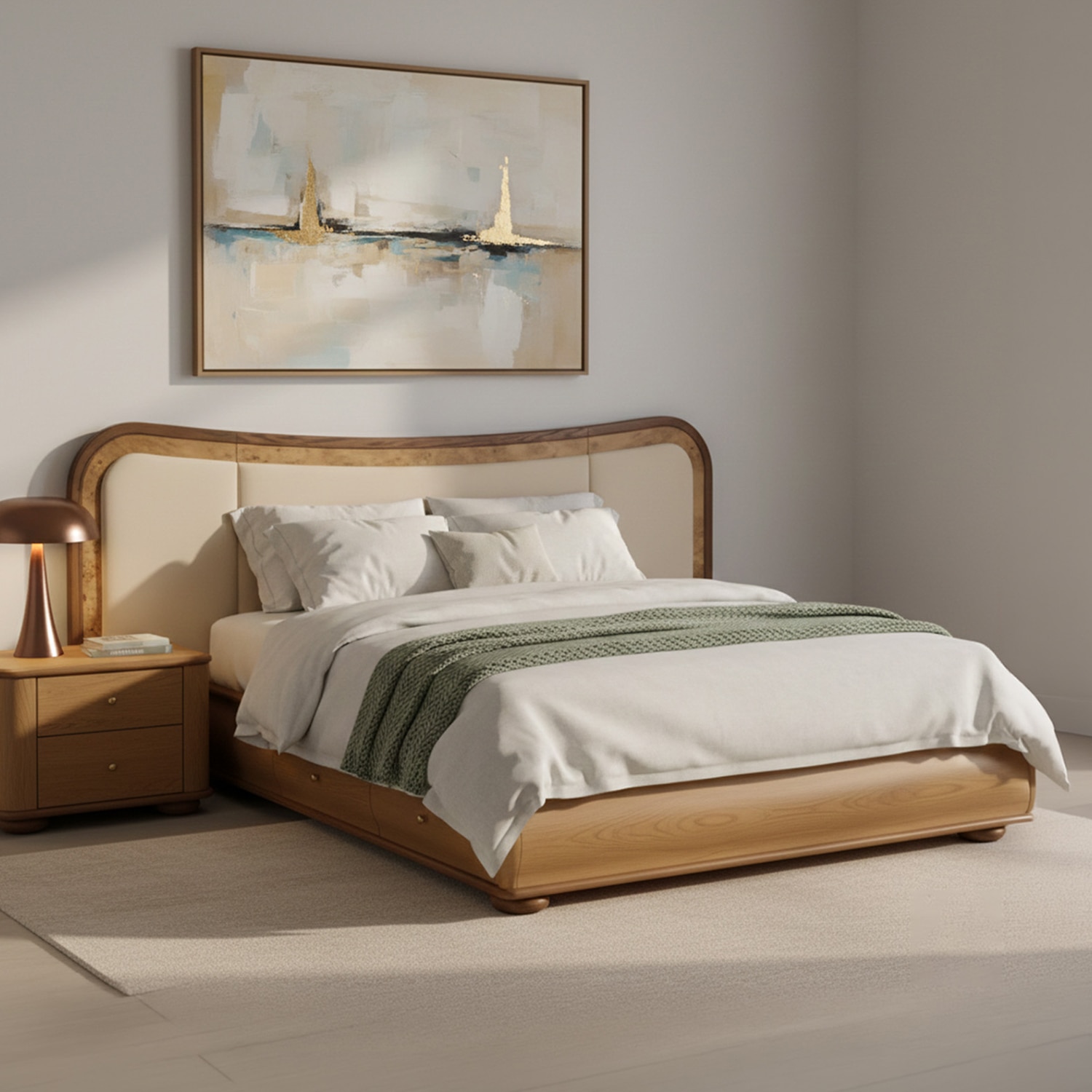 Elowen Softline King Size Bed in velvet With Oak wood Frame & Hydraulic Storage - Nestroots
