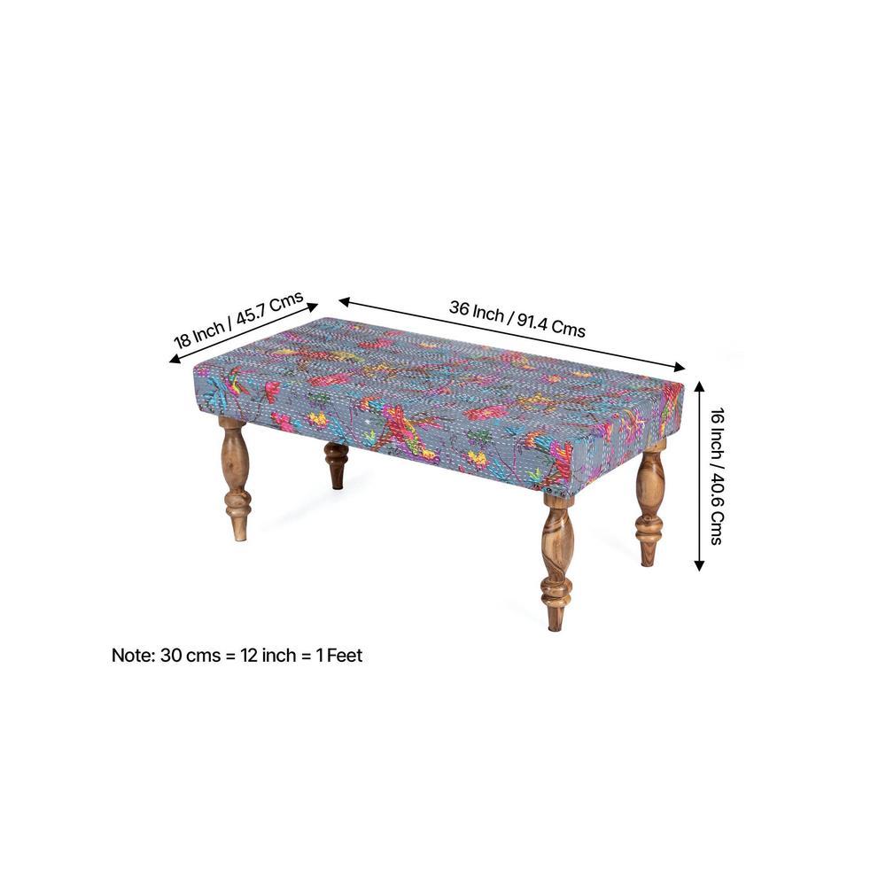 Bestone Solid Wood Bench In Bird Print Grey Kantha Fabric