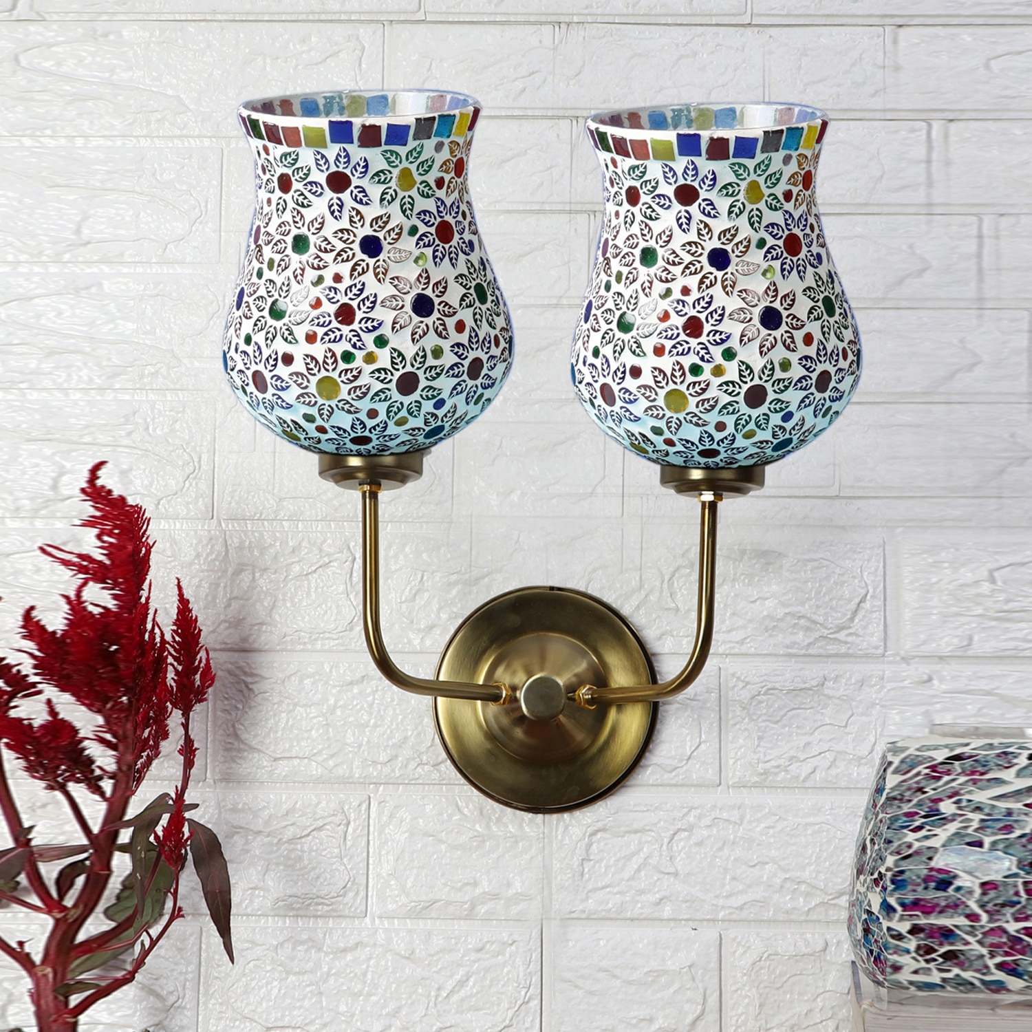 Devansh Metal Electric Wall Light in Gold Colour with Multicolor Shade Count of 2 Lights - Devansh