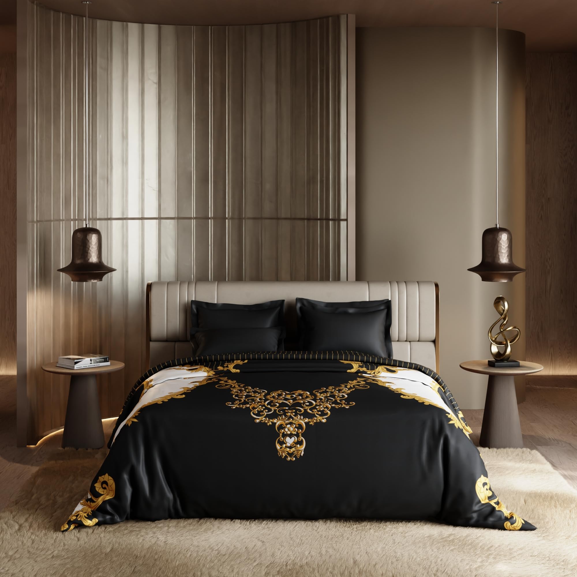 Stoa Paris Satin Comforter, 300TC Comforters for King Size Bed or King Black - Ivory White Gold - Stoa Paris