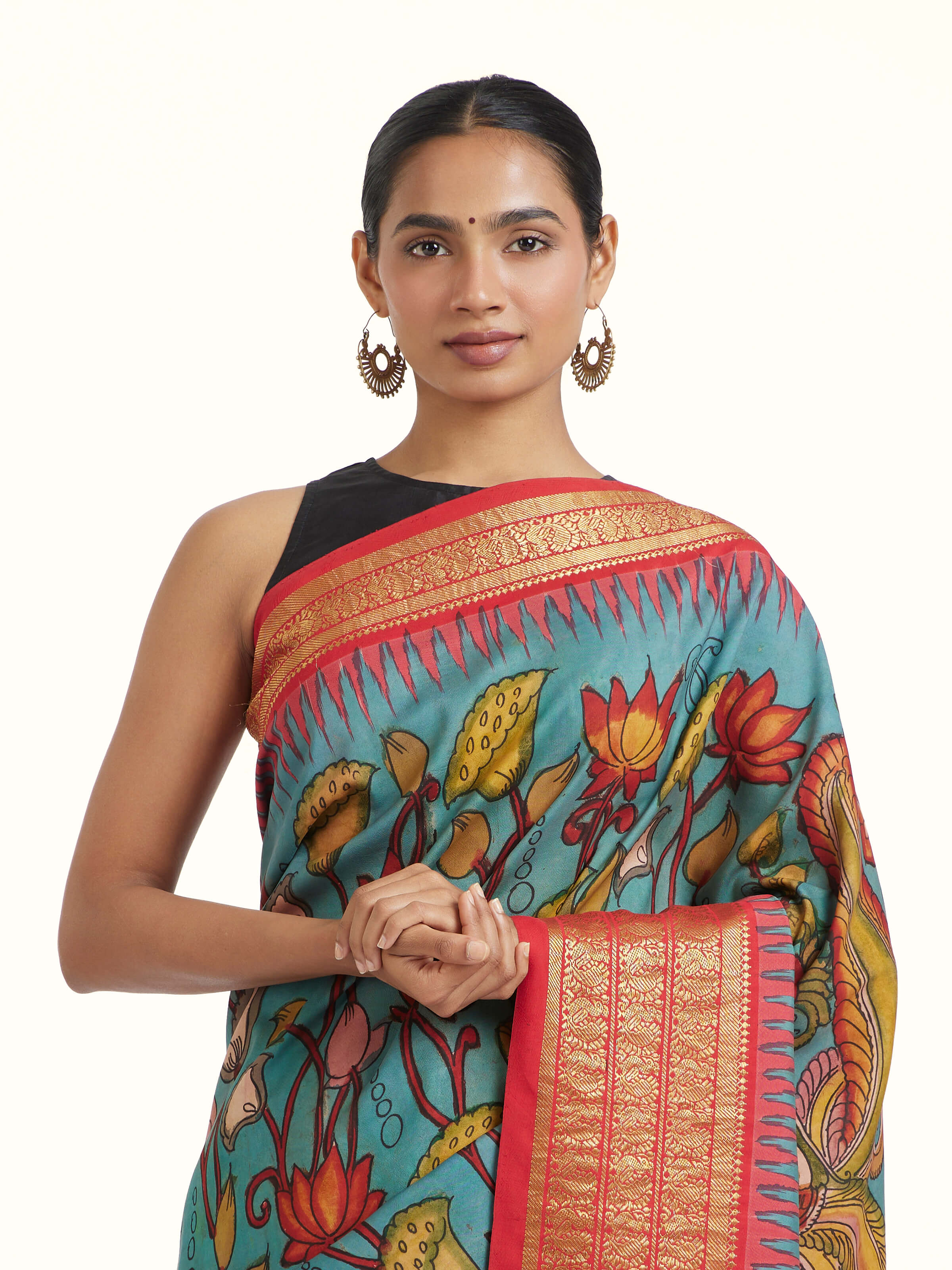 Draped detail view of the Yellow Tussar Jamdani Handloom Saree