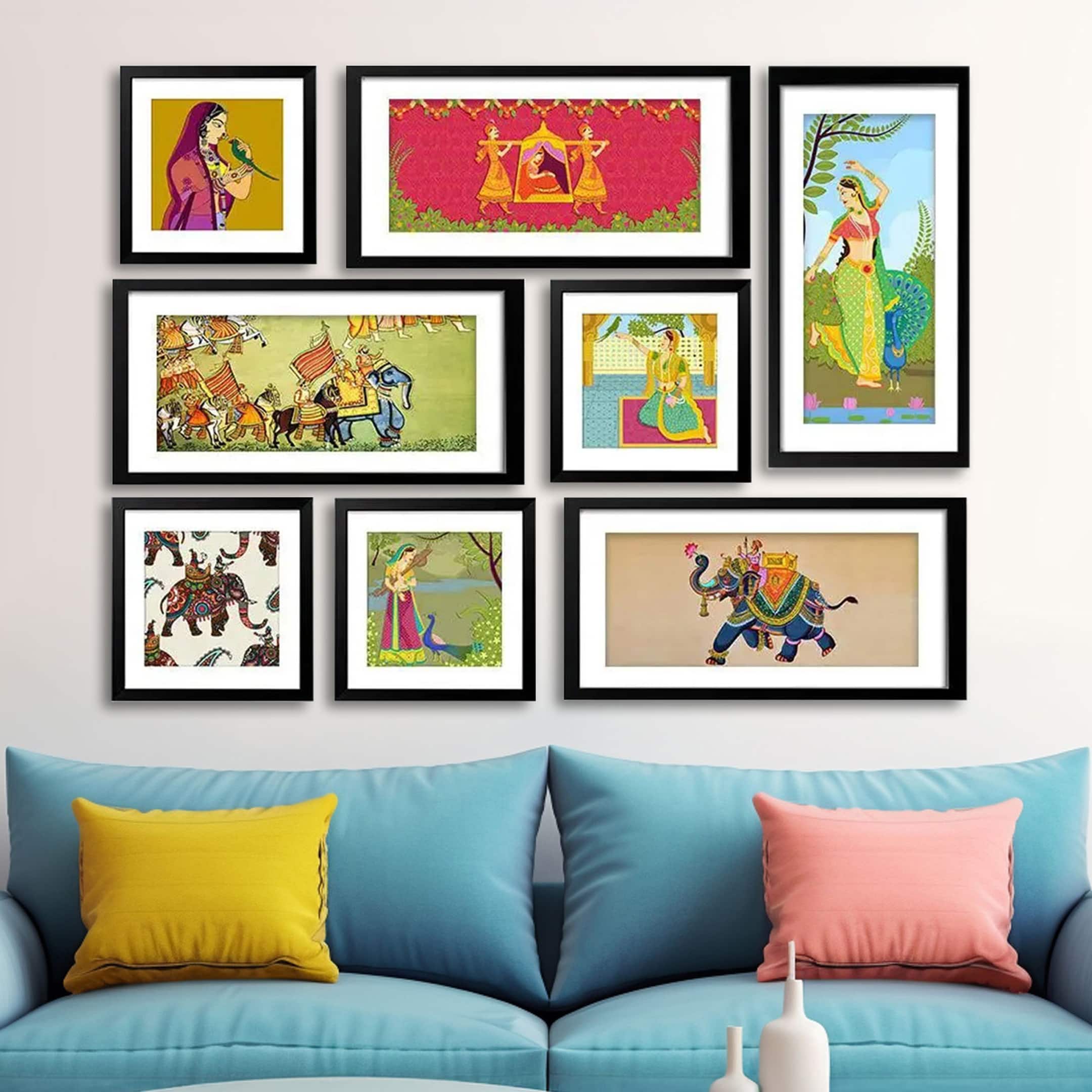 The Castle Decor Traditional Indian Folk Art Wall Painting Set of 8 - The Castle Decor