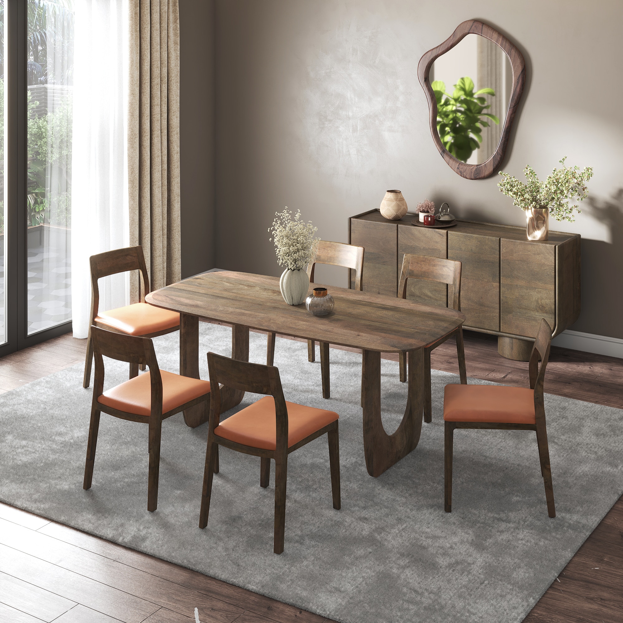 Aero Solid Wood 6 Seater Dining Table With 6  Clarke Dining Chairs (Finish : Danish Walnut, Chair Colour : Tan Leatherette)