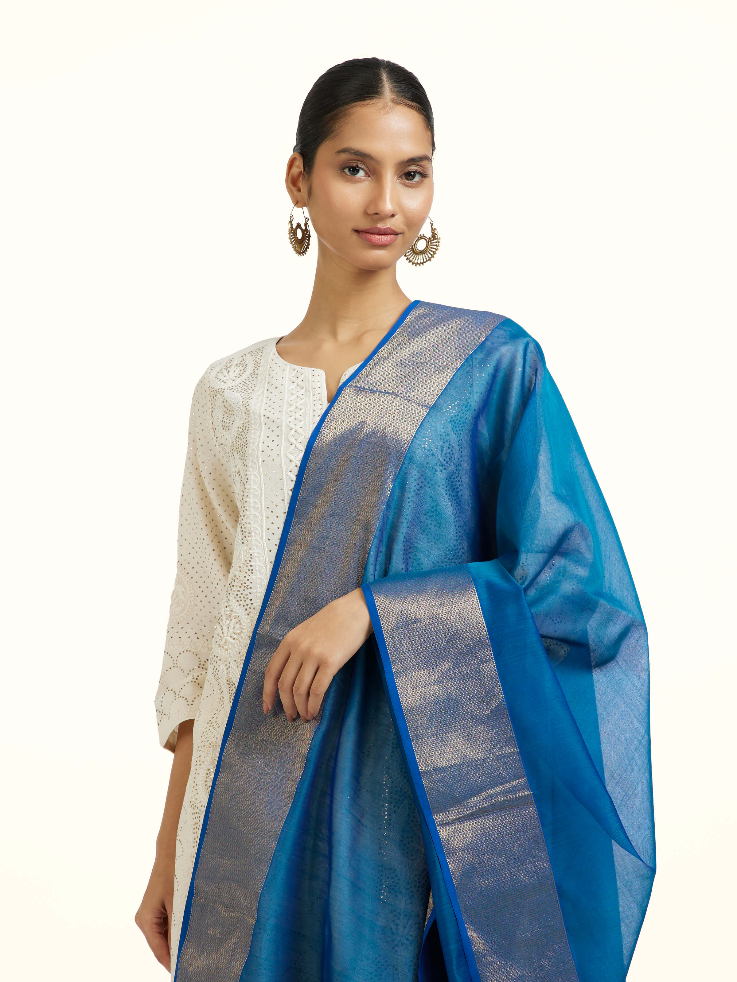 Blue Cotton Silk Maheshwari Handloom Dupatta
