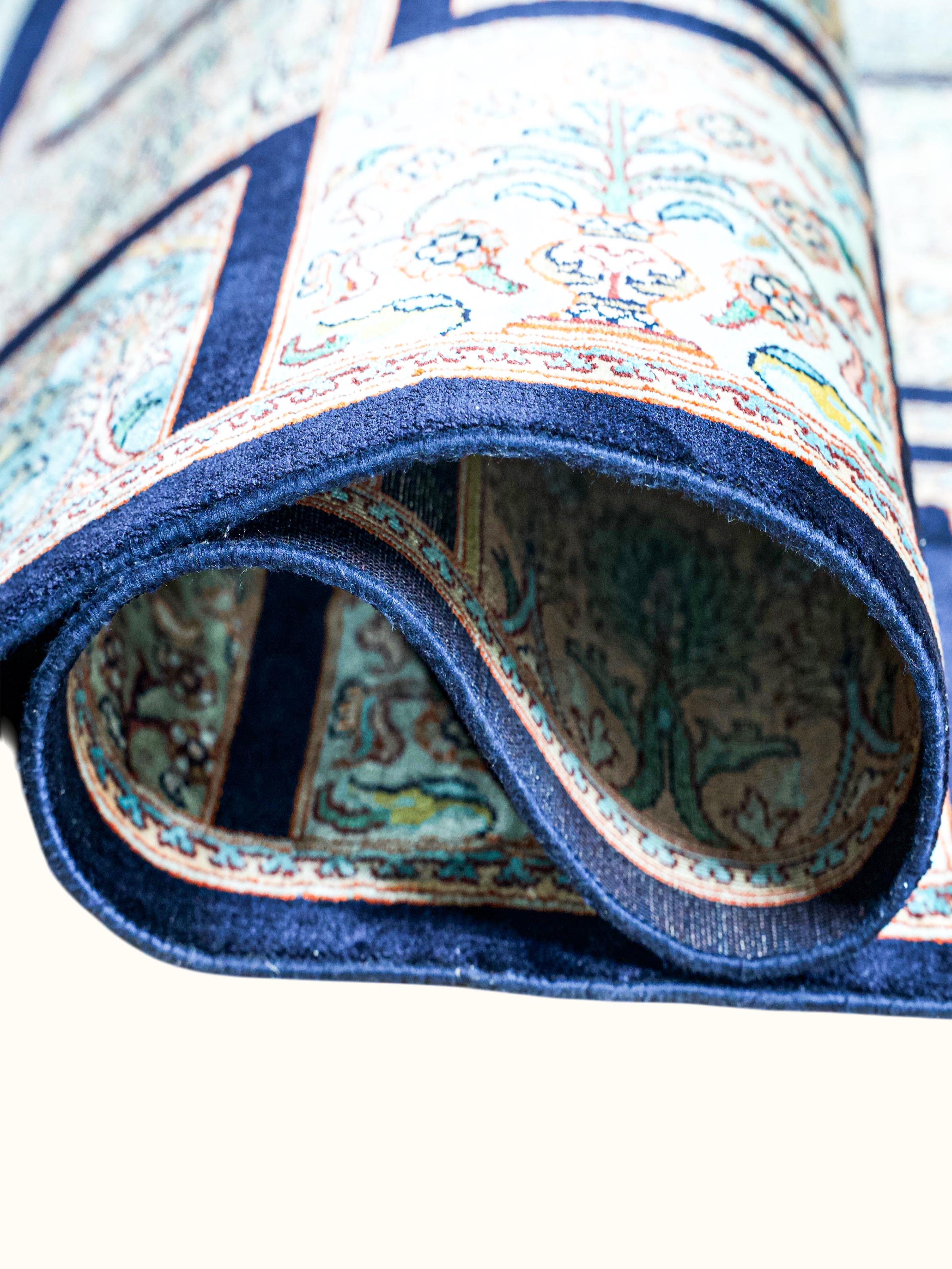 Traditional Persian Navy Pink Hamadan Kashmir Silk Hand-Knotted Carpet
