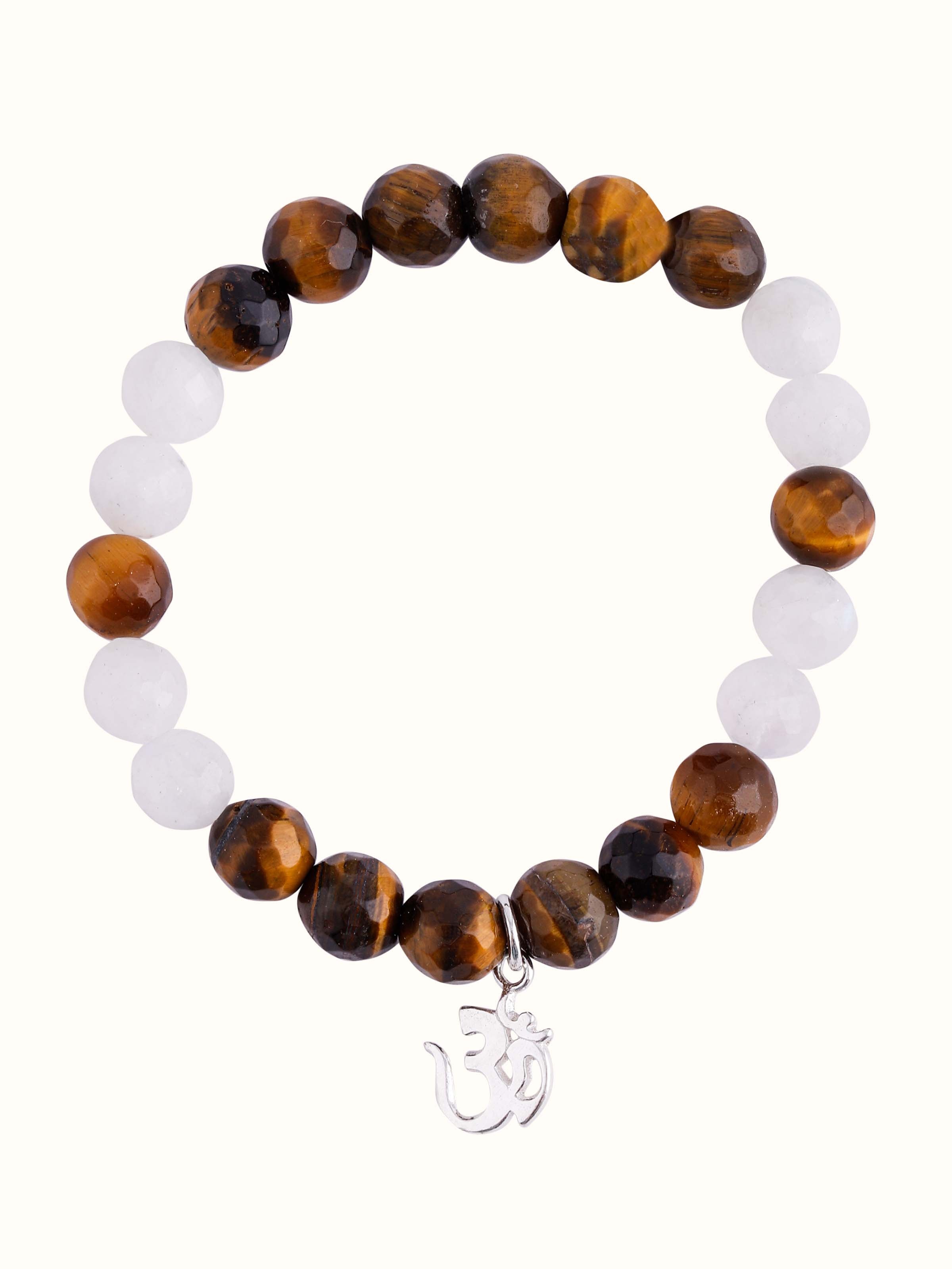 Front view of Tiger Eye & White Moonstone Silver Bracelet featuring earthy brown and pearlescent stones in silver setting