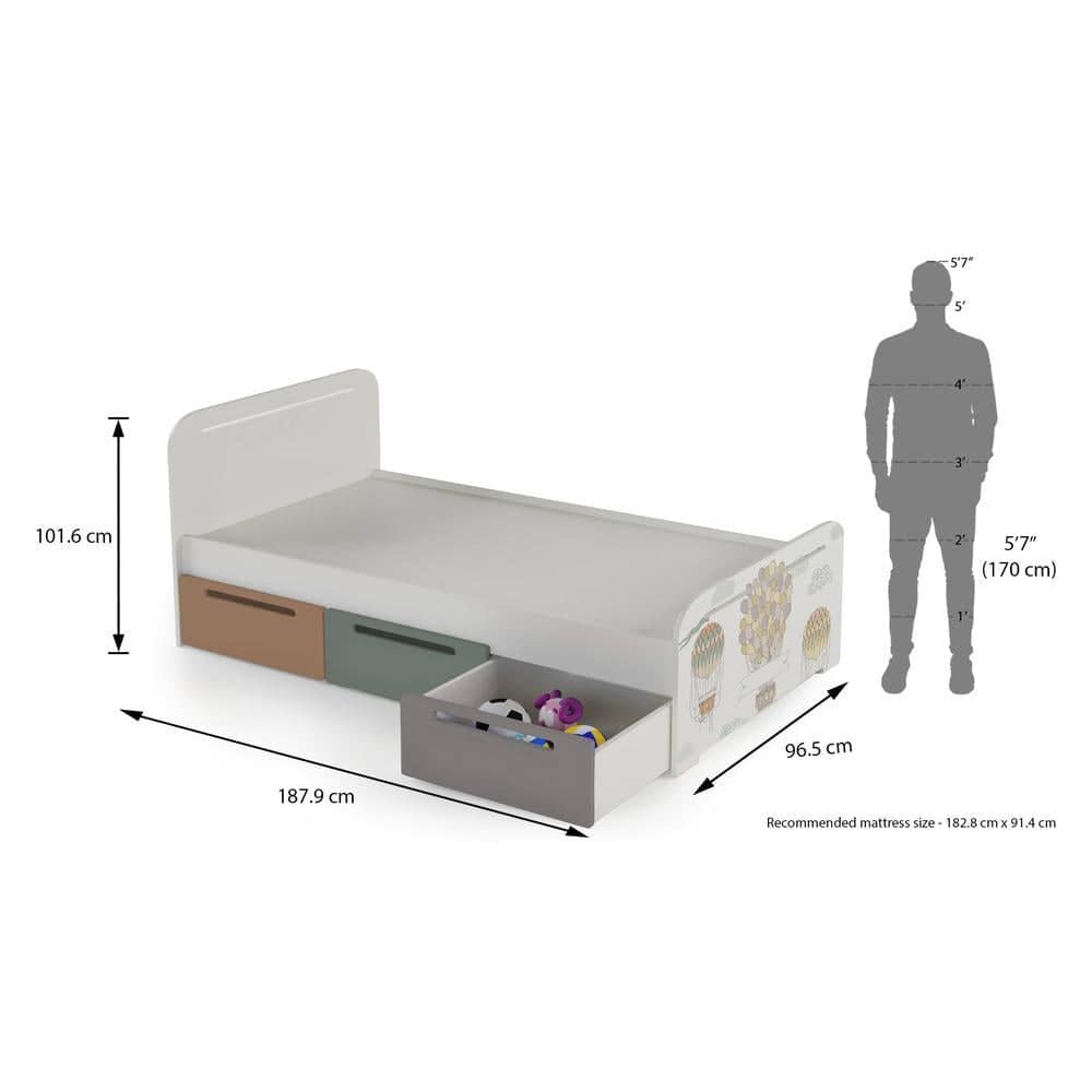 Cloud Tails Engineered Wood Drawer Storage Bed in Light Grey Colour