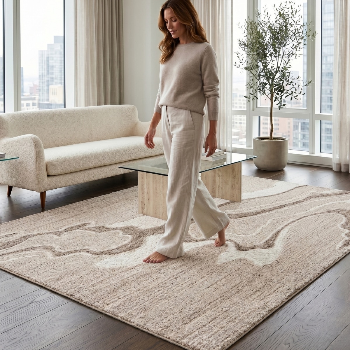 Handmade Natural Wool Area Rug Abstract Marble Beige 5 x 7 Feet Carpet - NEU LOOMS