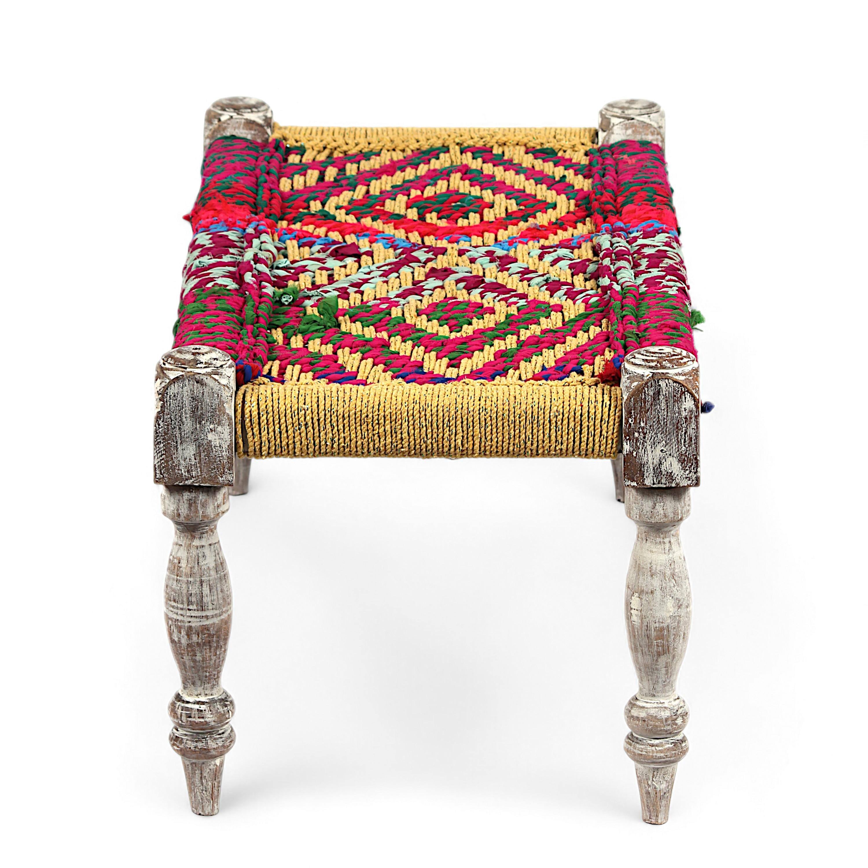 Oakville Sheesham Wood 2 Seater Maachi Bench In Assorted Multi-Colour Chindi & Yellow Rope Canning
