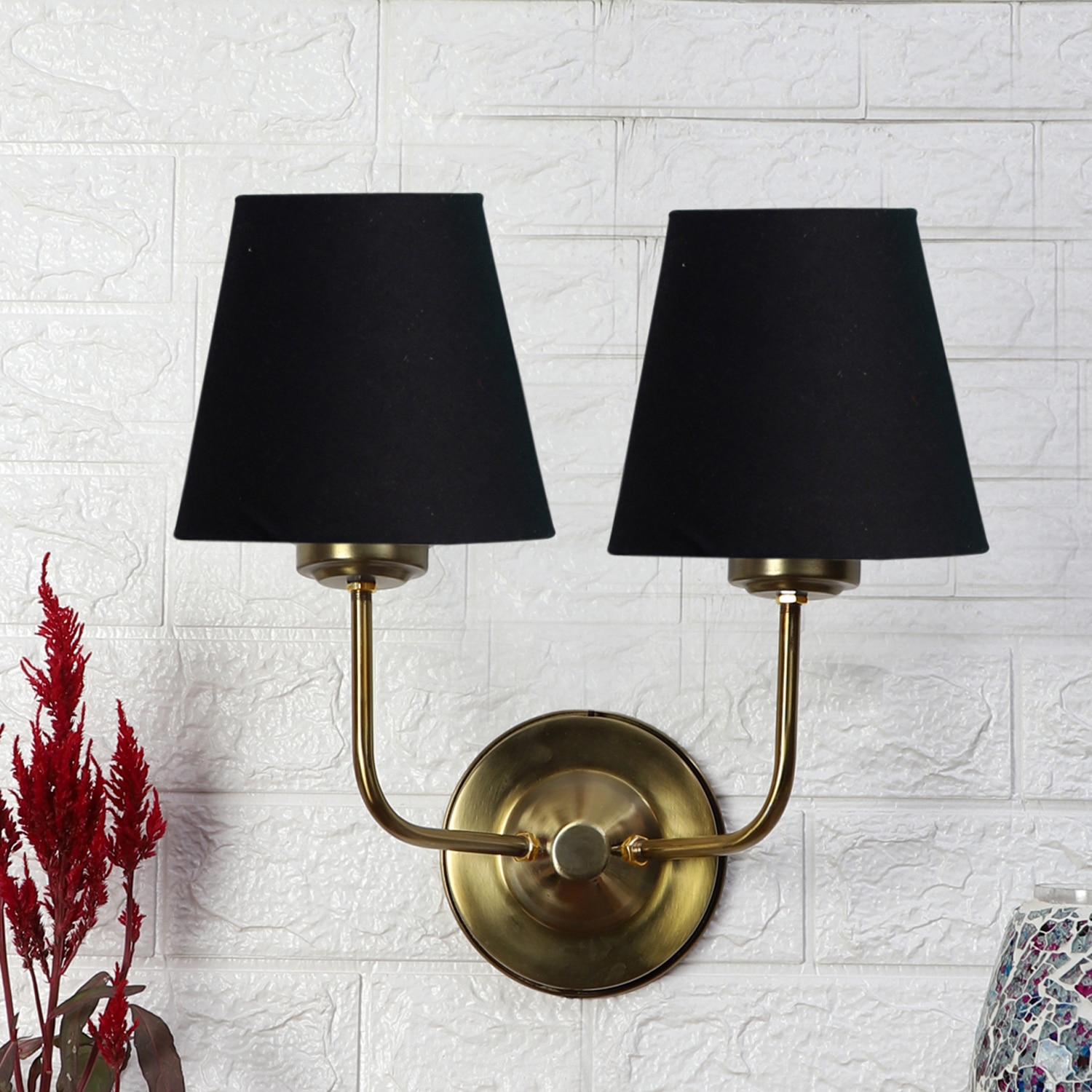 Devansh Metal Electric Wall Light in Gold Colour with Black Shade Count of 2 Lights - Devansh