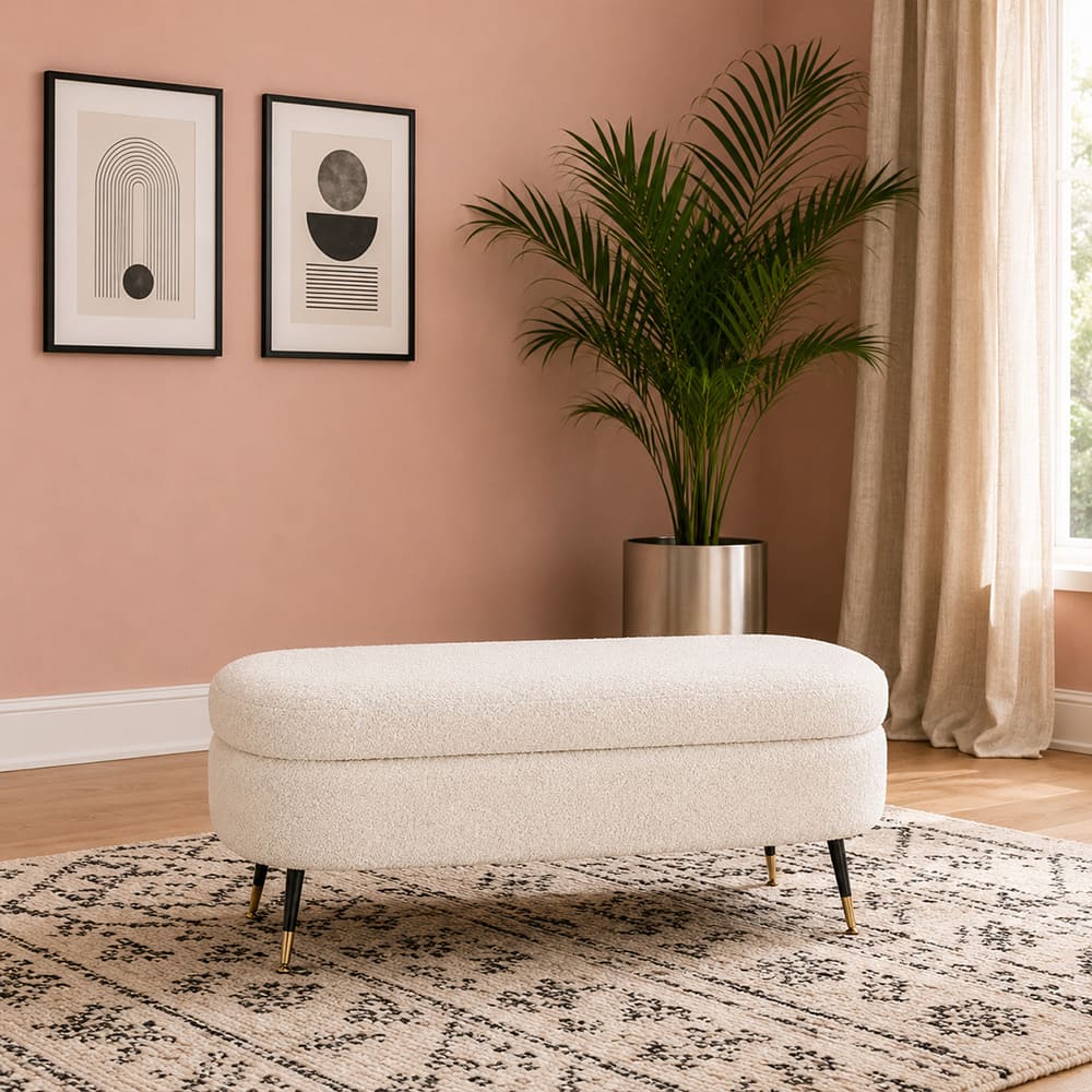 Doe Buck Luxury Boucle Storage Bench in White Colour with Gold Tipped Legs - Doe Buck