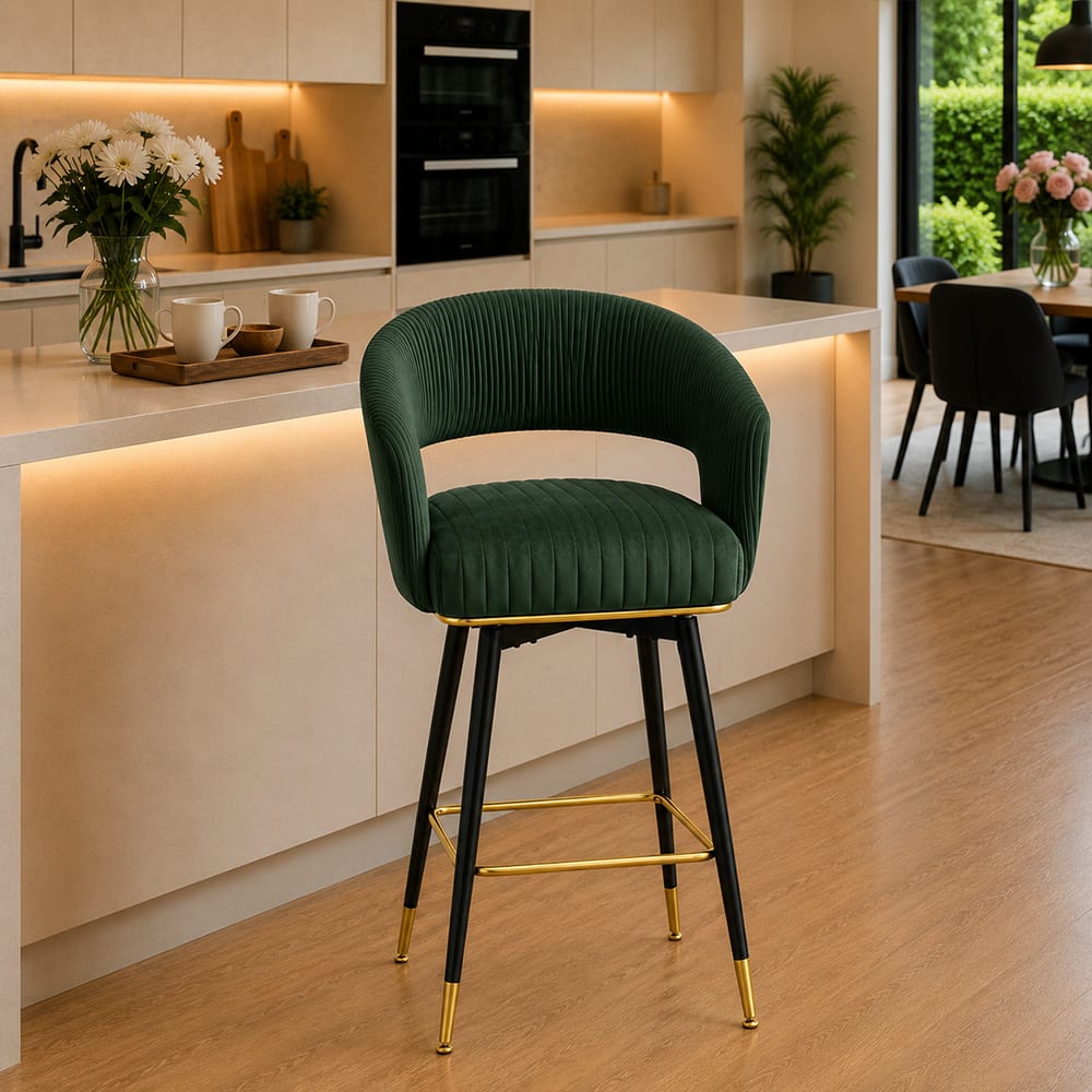 Doe Buck Mixoy Velvet Bar Stool in Emerald Green Colour with Gold Accents - Doe Buck