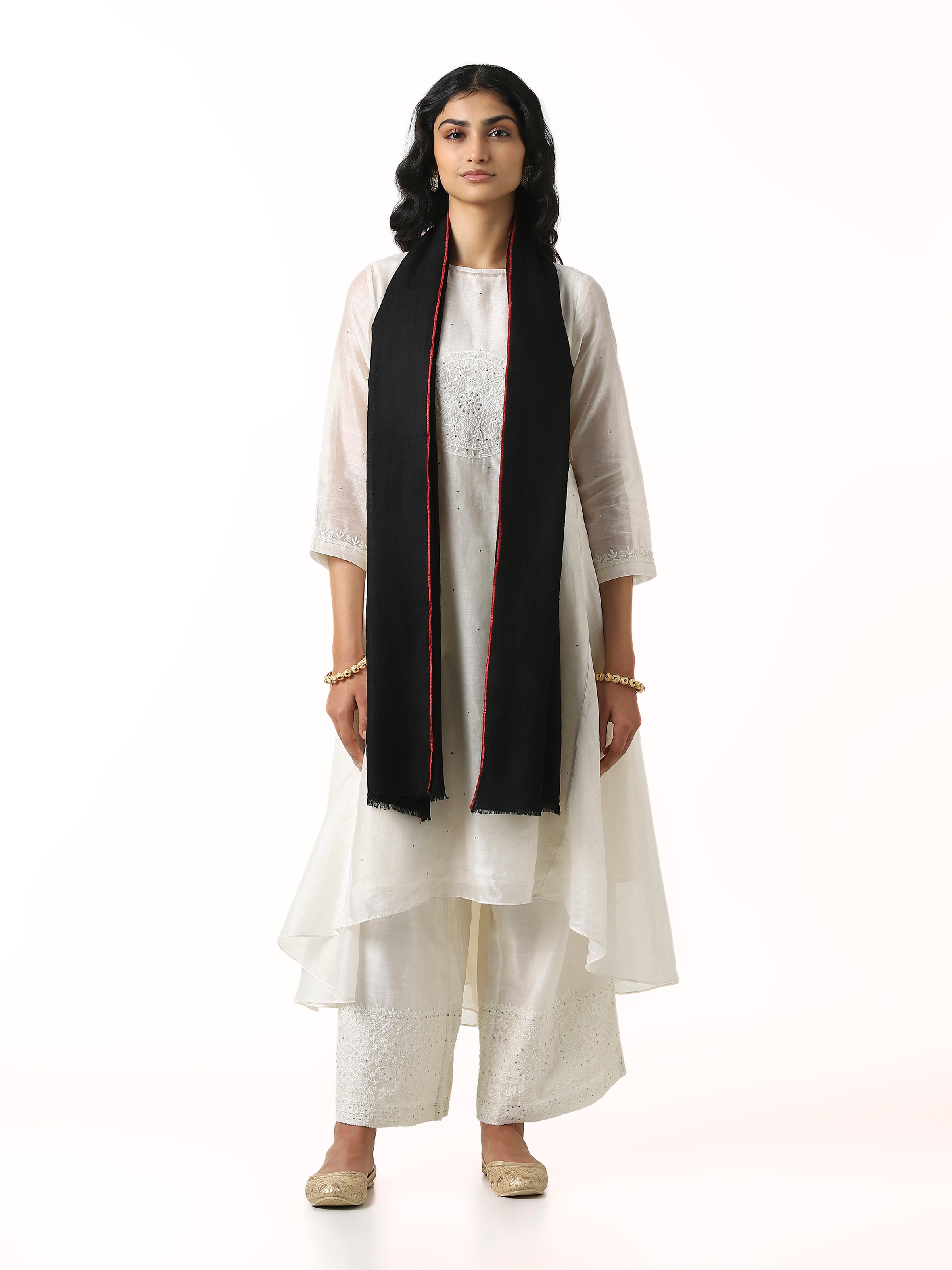 Front view of black cashmere kaaj embroidered handwoven stole showcasing deep tone and fine embroidery