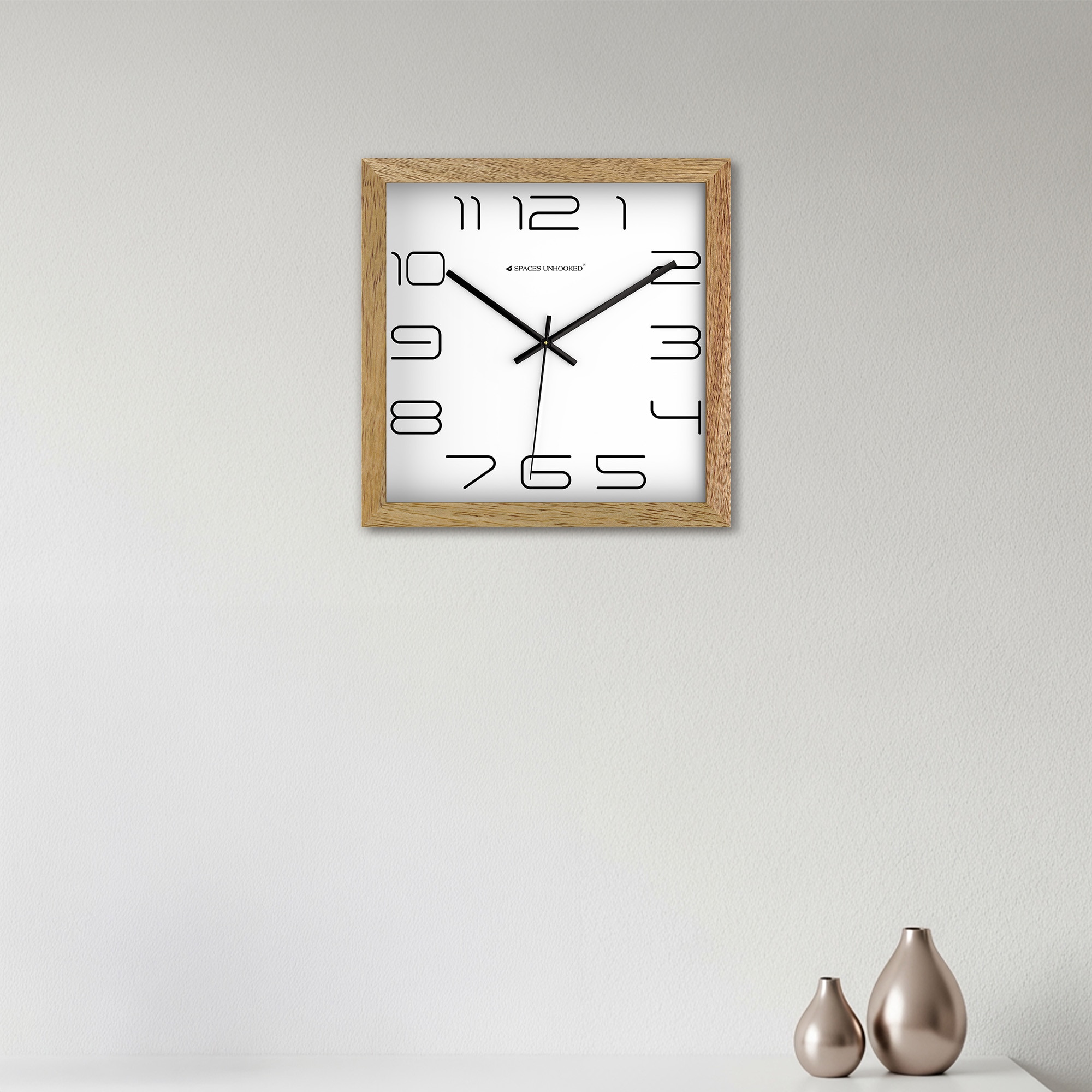 Spaces Unhooked Square Wooden Wall Clock, Natural Wood Frame, White Dial and Modern Outline Numerals