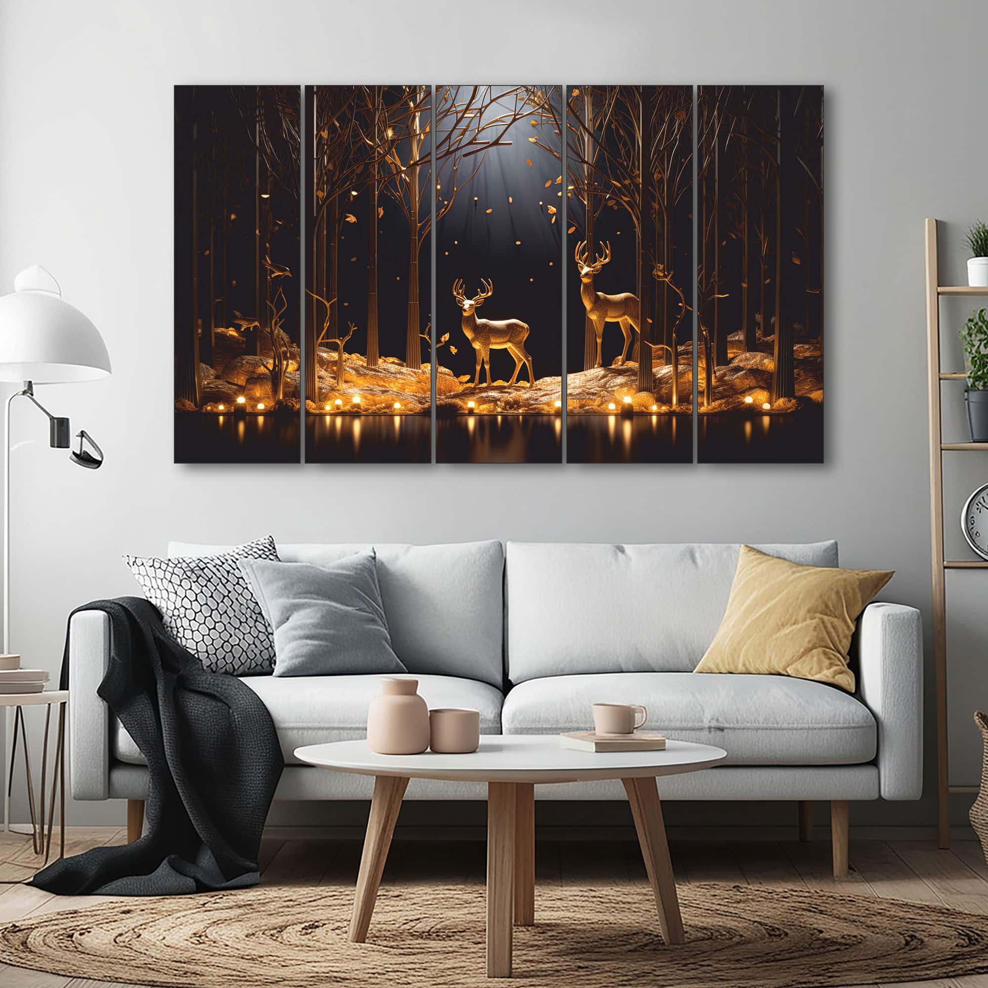 The Castle Decor Golden Deer Wall Painting Wooden Framed Digital Painting 27x48 Inch (Style 4) - The Castle Decor