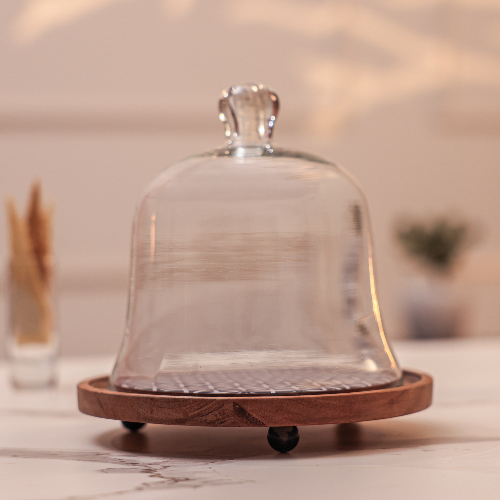 Ireka Homes Candy Cloud Acacia Wood Cake Stand with Glass Dome - Ireka Homes