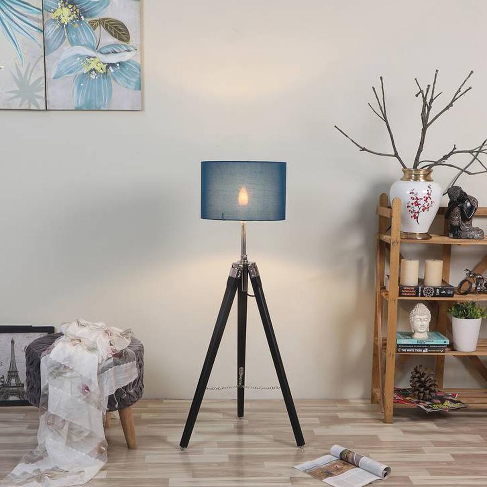 Jewel Blue Cotton Floor Lamp with Solid Wood - Pristine Interiors